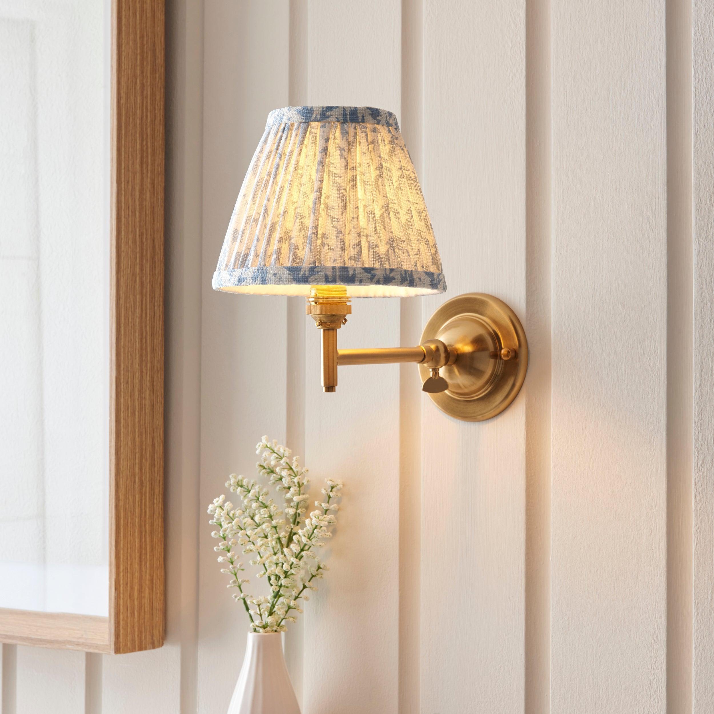 Brass Wall Light with Dome Fold & Leaf Design - 16cm Shell Bay Blue Shade for Bedroom, Living Room, and Hallway Lighting