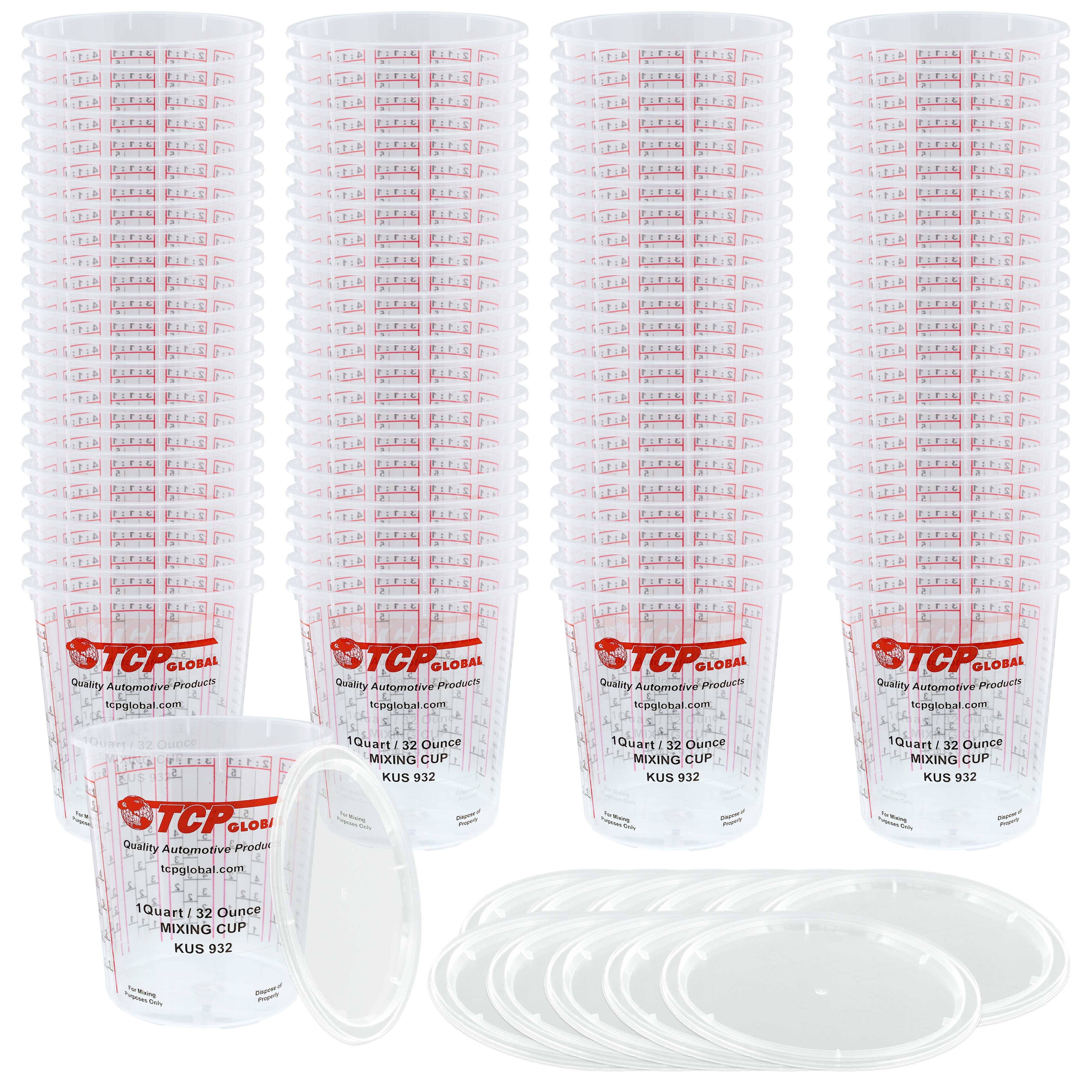 32oz Paint Mixing Cups (Pack of 100) - Disposable & Reusable Plastic Measuring Cups for Automotive Painting, Epoxy Resin, Acrylic Arts - Graduated with Mixing Ratios - Perfect for DIY Projects, Home Renovation & Professional Use