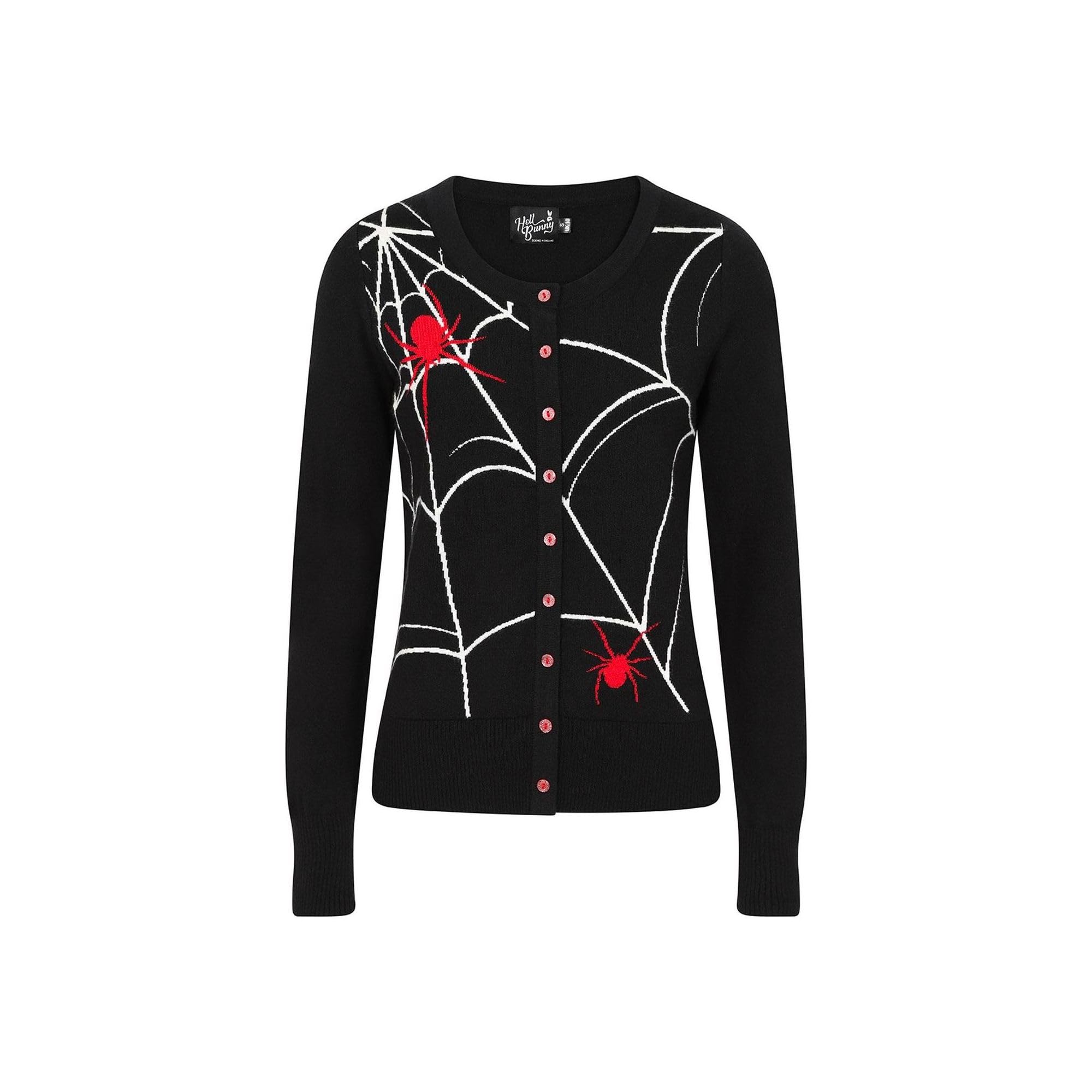 Stylish Hell Bunny Black Spider Web Cardigan with Red Spider Accents - Perfect for Halloween, Goth Fashion & Vintage Lovers