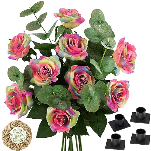 9 Rainbow Roses 2 Eucalyptus Leaves With 4 Taper Candle Holders and Jute Ribbon