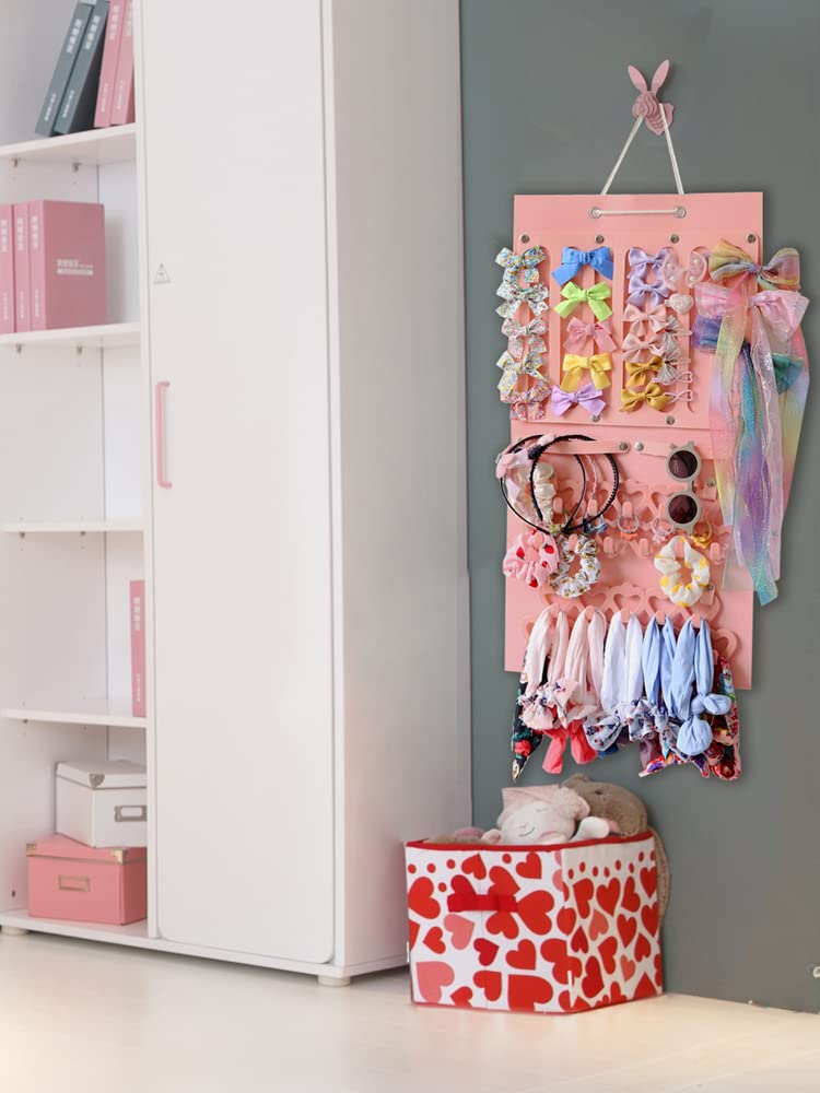 Pink Felt Wall Hanging Jewelry Organizer with Detachable Hooks - Display Board for Earrings, Necklaces, Hair Clips & Headbands - Space Saving Girls Bedroom Decor for Dorm, Bathroom & Closet Organization