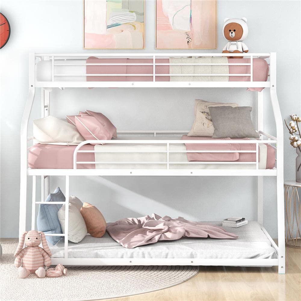 Twin XL/Full XL/Queen Triple Bunk Bed Frame with 2 Built-in Ladders & Full-Length Guardrail - Heavy Duty Metal Bunk Bed in White - Perfect for Kids' Rooms, Dormitories & Space-Saving Bedroom Solutions