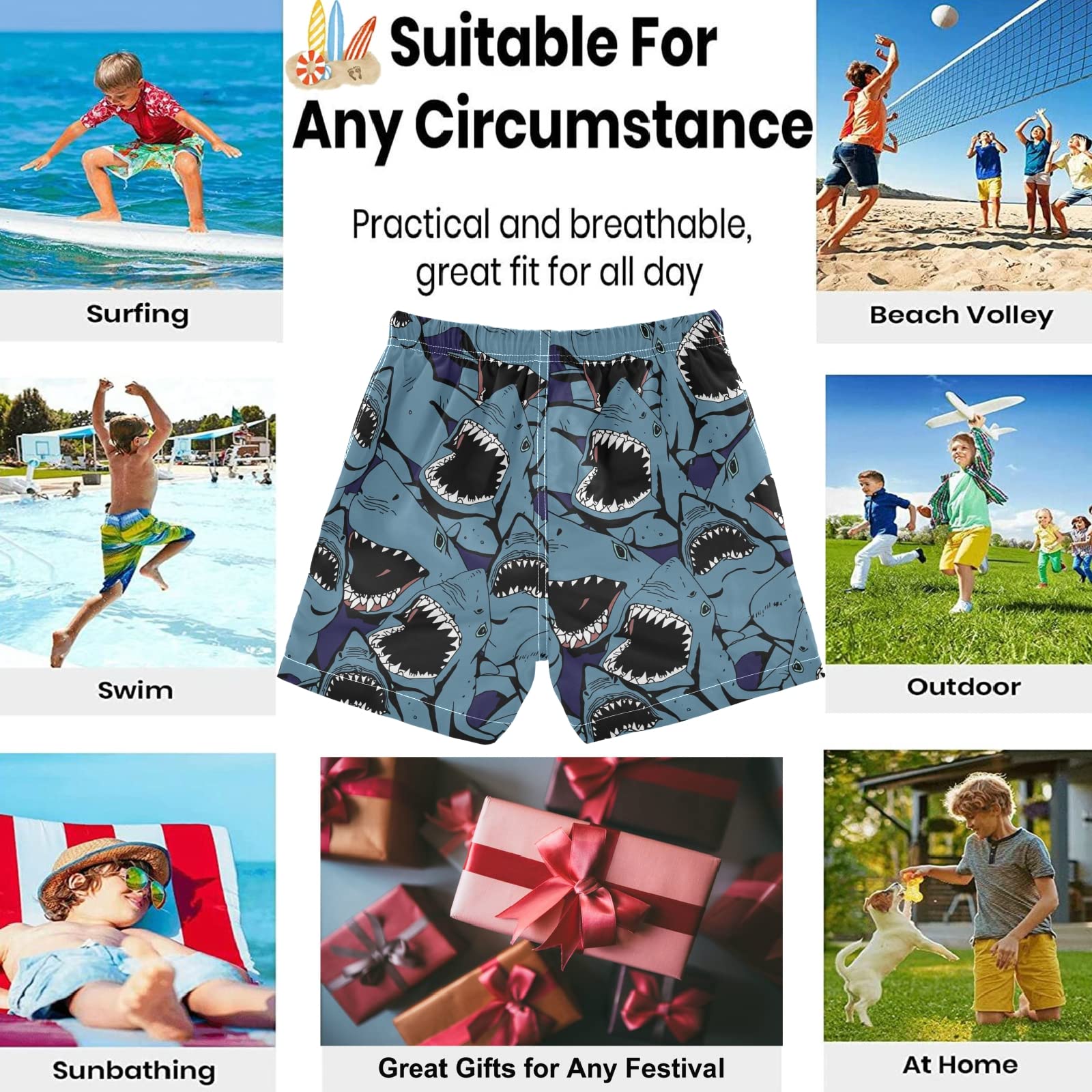 Visesunny Blue Shark Swim Trunks for Boys - Sharp Teeth Animal Print Toddler Bathing Suits & Kids Swimwear | Perfect for Beach, Pool & Summer Water Activities