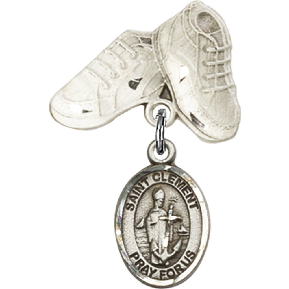 Bonyak Jewelry Sterling Silver St. Clement Medal Charm with Baby Boots Pin - 1 X 5/8 Inch Religious Pendant for Baptism, Christening & First Communion Gifts