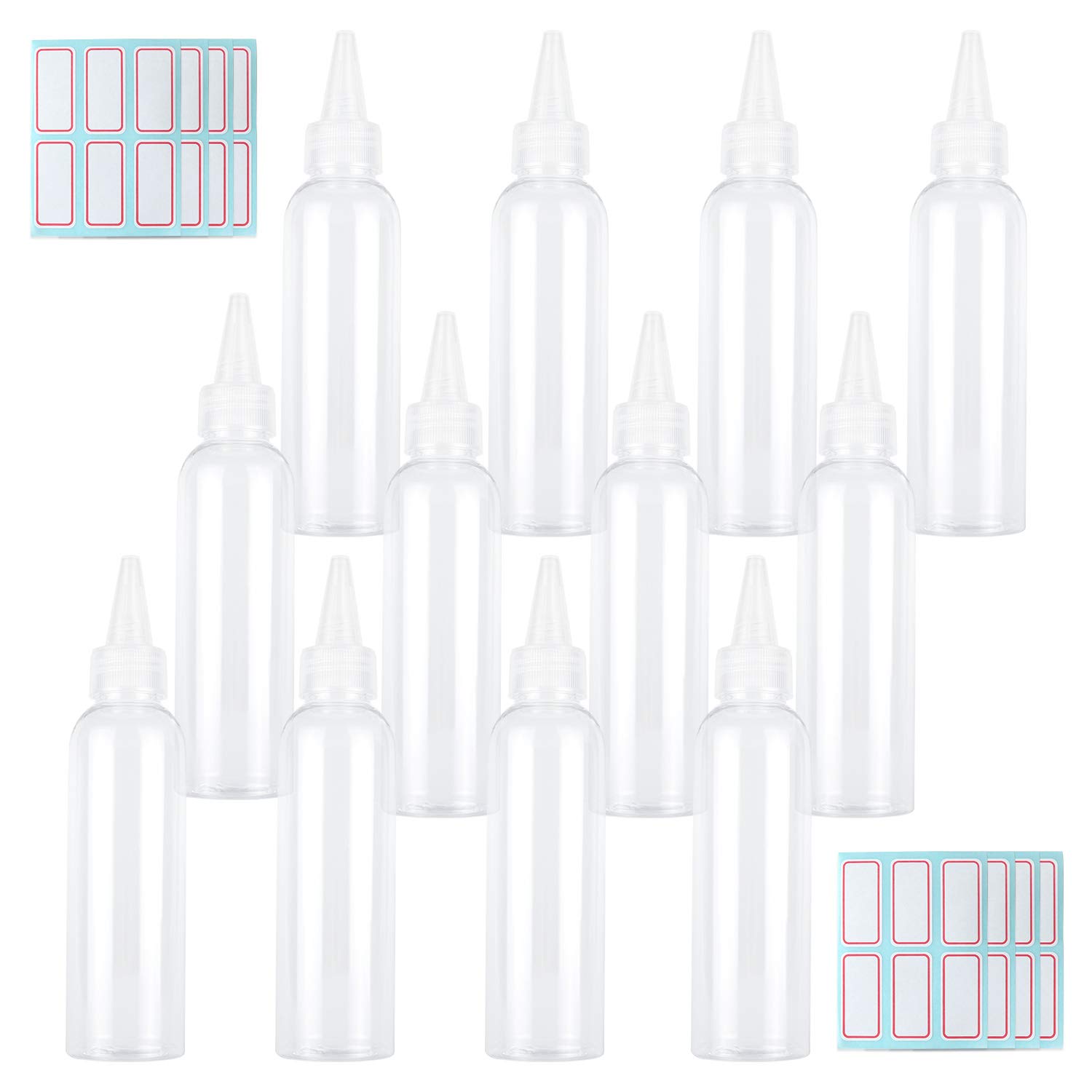 TRENDBOX 4oz Clear Plastic Bottles with Twist Top Cap - BPA-Free Hair Oil & Liquid Containers - 12 Pack with 12 Labels - Perfect for DIY Hair Care, Essential Oils & Beauty Products