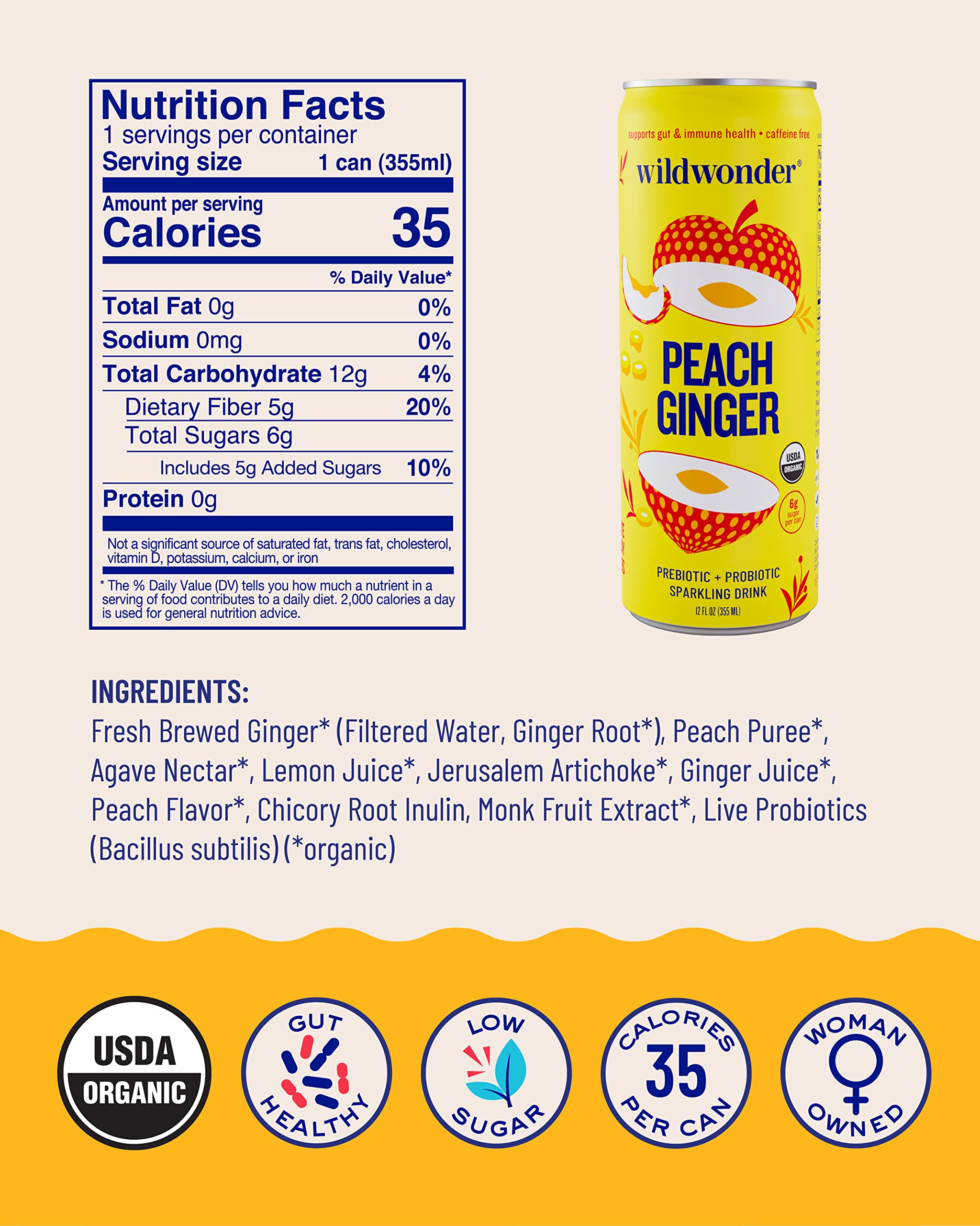 Wildwonder Sparkling Probiotic Juice Drink - Gut Health, Immunity & Digestion Support with 5g Fiber & Live Probiotics | Caffeine-Free, Organic, Vegan, Low Sugar & Low Calorie | 12-Pack 12oz Cans | Perfect for Gut Health, Weight Management & Daily Wellness Routine