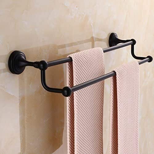 Premium Black Wall-Mounted Double Rod Towel Rack - 50cm Copper Finish Bathroom & Kitchen Towel Holder - Space-Saving Drying Solution for Hand Towels, Bath Towels and Kitchen Linens