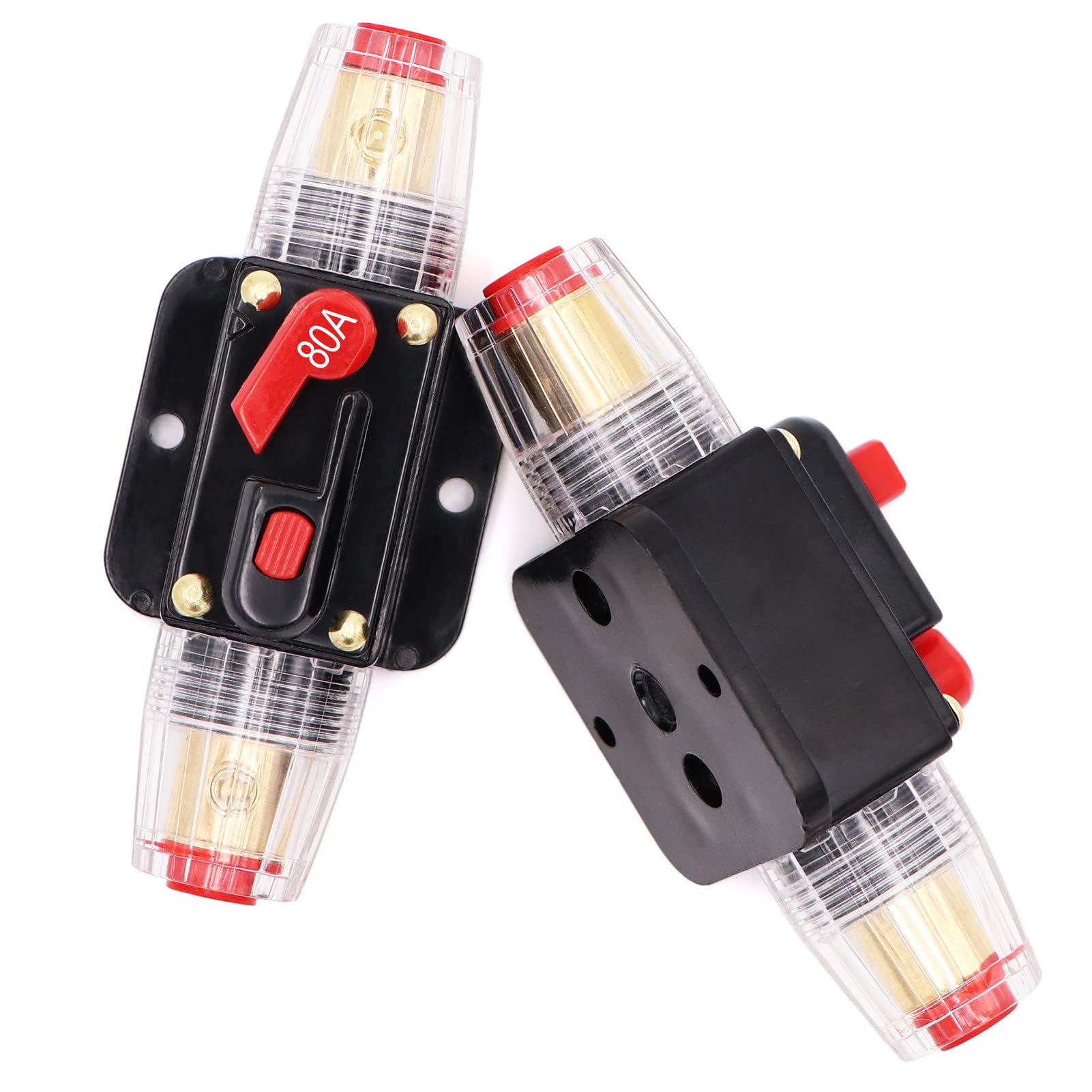 2 Piece 80A 12V Audio Inline Circuit Breaker with Manual Reset - 80 Amp Inline Fuse for 0-8 Gauge Wires - Perfect for Car Audio Systems, Marine Stereo, and Solar Inverter Protection