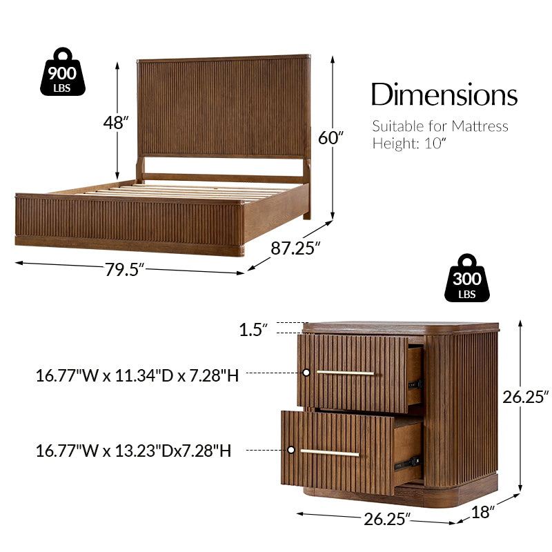 Modern Fluted Solid Wood Bedroom Set with Oak Texture - 3 Piece Queen Size Bed, Nightstand & Dresser | Elegant Bedroom Furniture for Master Suite, Guest Room & Apartment