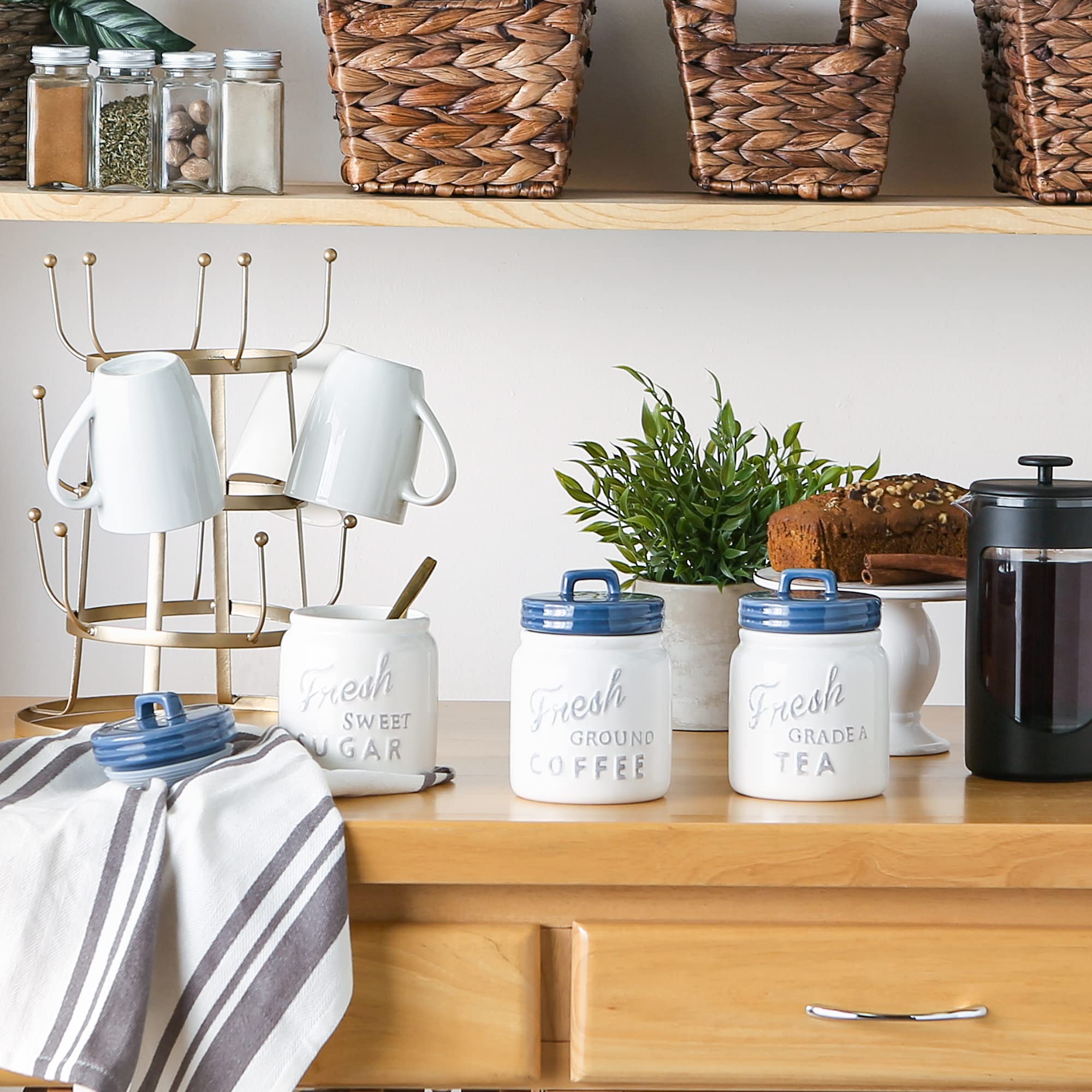 DII Ceramic Canister Set - 3-Piece Kitchen Storage Jars with Airtight Lids, Blue Farmhouse Style - Perfect for Pantry Organization, Flour Sugar Coffee Tea Storage & Home Decor