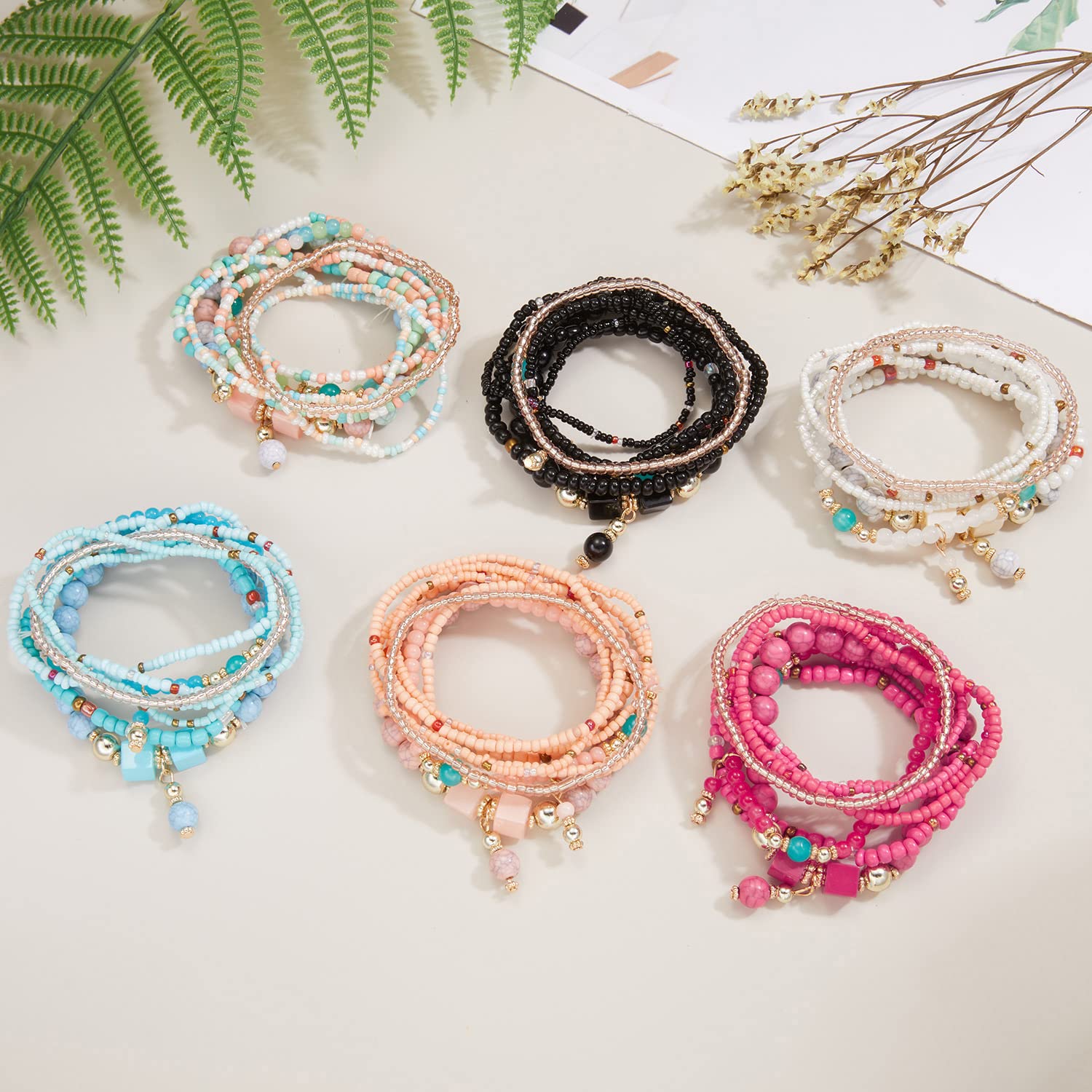 Boho Bracelets for Women - 6 Sets Bohemian Stackable Beaded Stretch Bracelets with Multicolor Pendant Charms & Tassels - Handmade Layered Jewelry Set for Casual Wear, Music Festivals & Beach Outfits