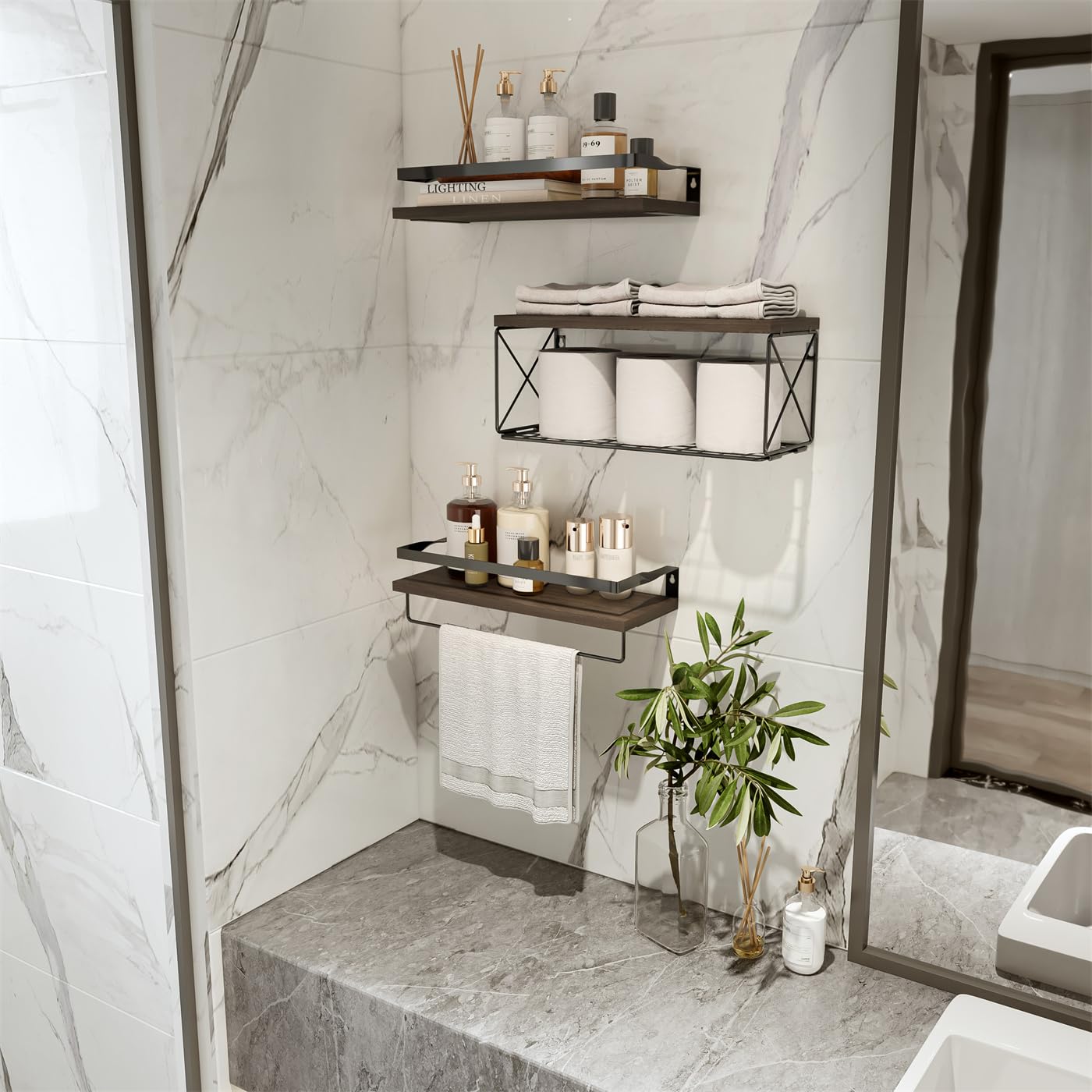 Floating Wall Shelves with Storage Basket - Rustic Wood Wall Mount Shelf for Bathroom, Living Room, Kitchen - Perfect for Organizing Toilet Paper, Towels & Decor | Space-Saving Home Storage Solution
