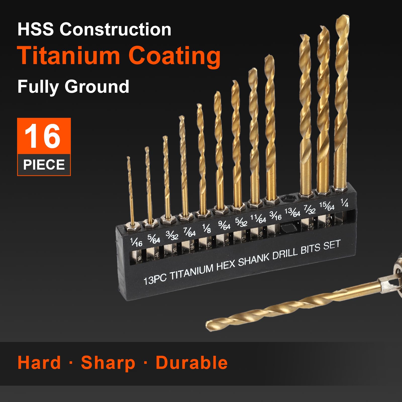 COMOWARE 16-Piece Titanium Twist Drill Bit Set - High Speed Steel Hex Shank for Wood, Plastic & Aluminum Alloy - Quick Change (1/16