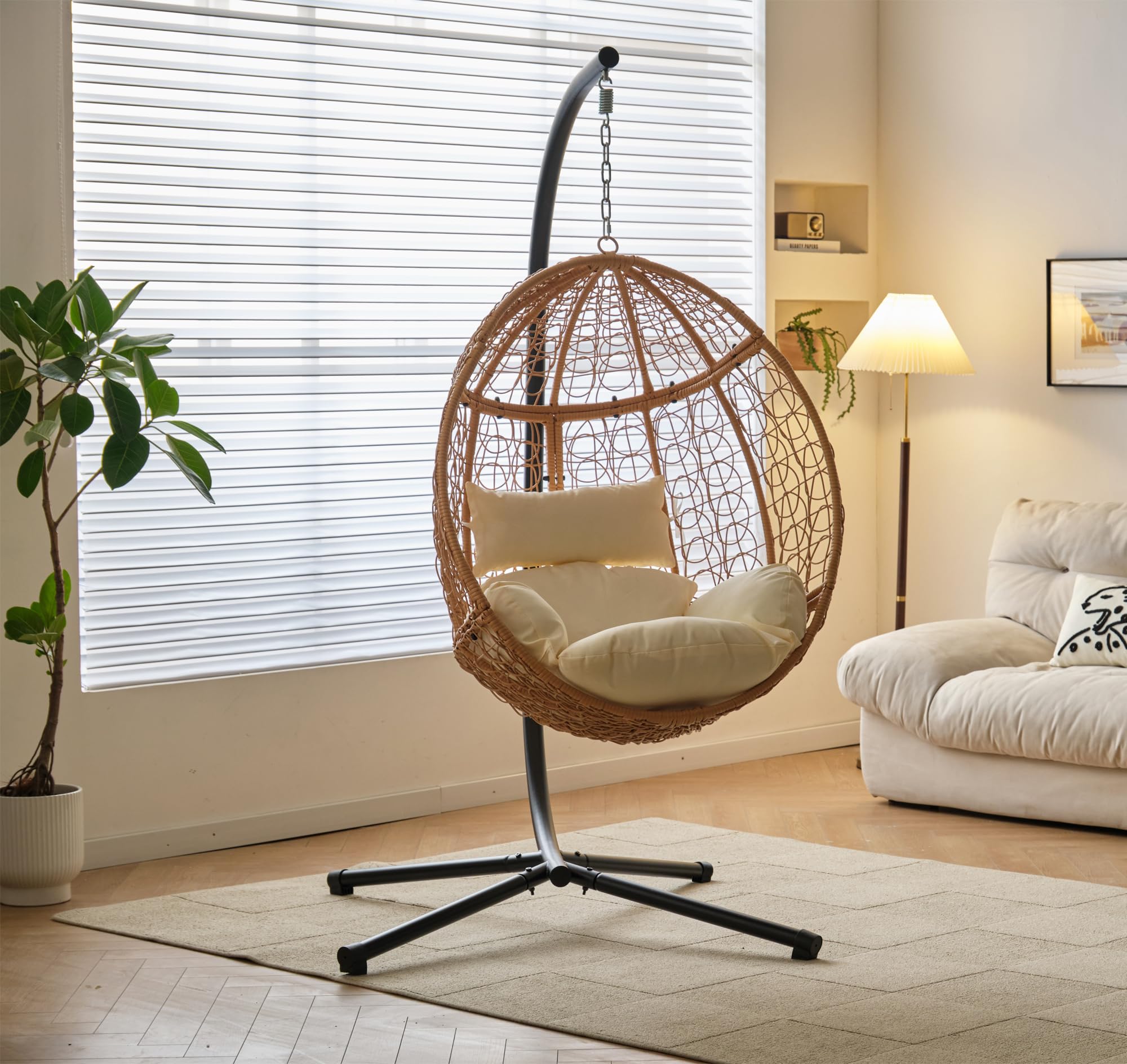 **Indoor/Outdoor Hanging Chair with Stand - Egg Swing Chair for Bedroom, Living Room, Balcony & Patio - Removable Washable Gray Cushions - Perfect for Relaxing, Reading & Lounging**