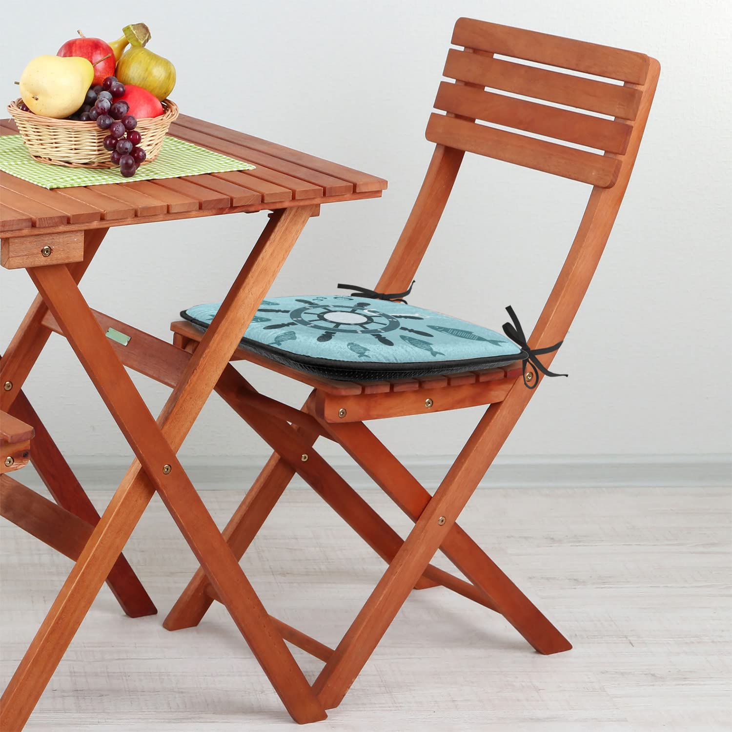 Lunarable Nautical Ships Wheel Chair Cushion - 16x16 Inch Non-Slip Boat Helm Design Seat Pad for Kitchen, Patio & Outdoor Furniture - Turquoise Teal Underwater Fish & Shipwreck Theme Home Decor