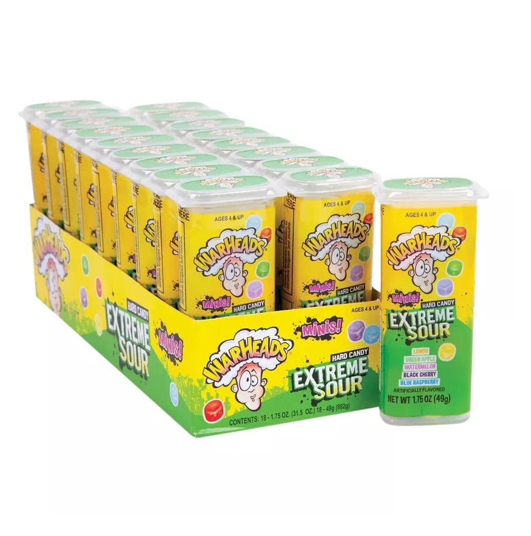 WARHEADS Extreme Sour Hard Candy Minis - 5 Assorted Flavors, 1.75oz (18 Count) - Tangy Sour Candy for Parties, Gifts & Movie Nights