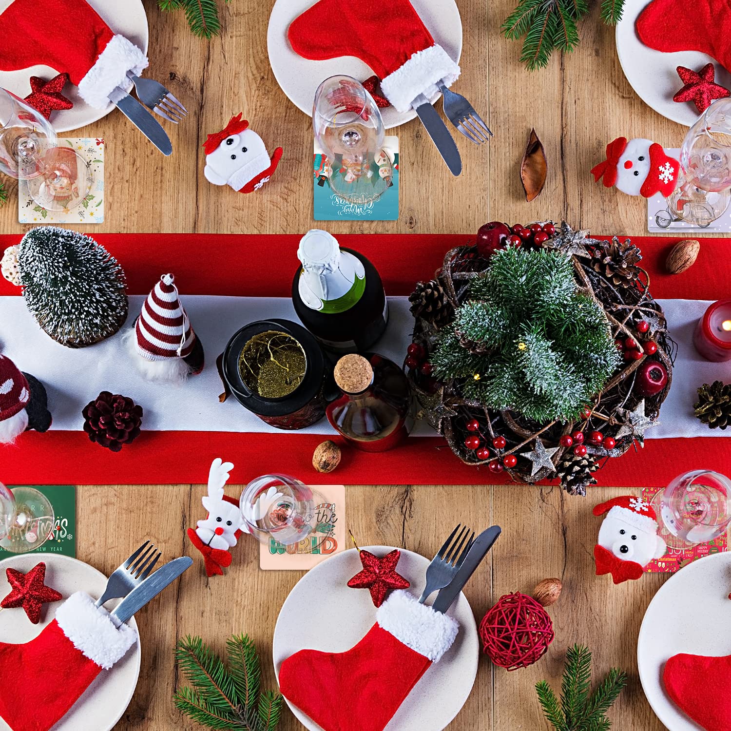 Premium Christmas Designer Printed Coasters - Set of 6 Square MDF Wood Coasters for Dining Table, Desk & Home Decor | Holiday Party, Gift & Festive Dining Accessories