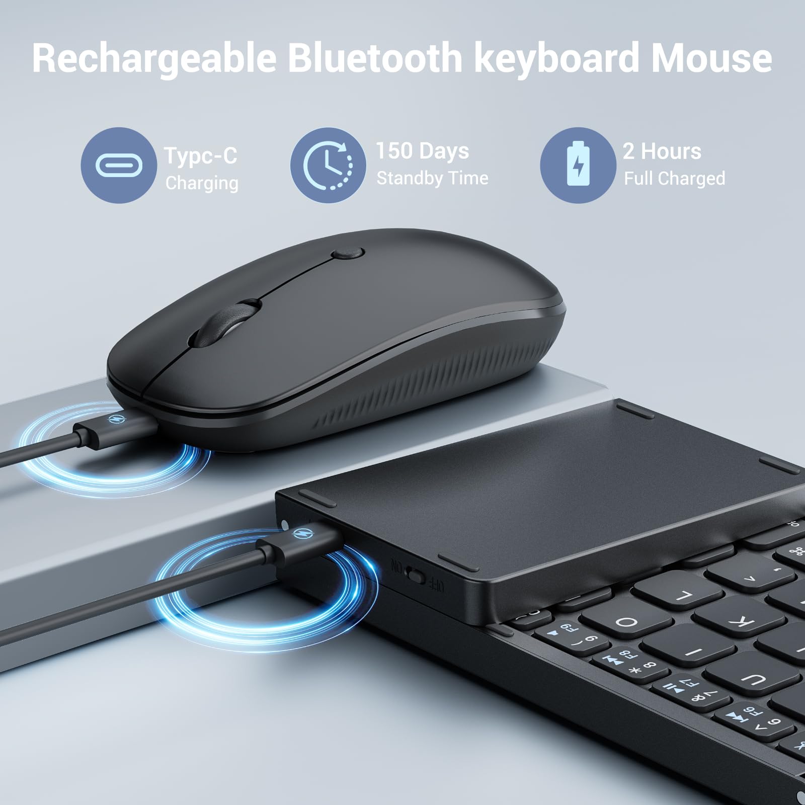 Foldable Bluetooth Keyboard and Mouse Combo - Portable Rechargeable 2.4G Wireless Keyboard with Travel Case for Laptop, iPad, Tablet (iOS/Android) - Perfect for Business Travel, Home Office & Remote Work - Black
