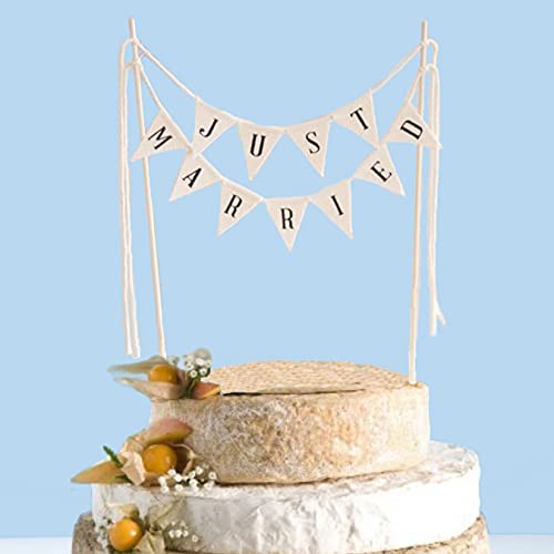 Handmade Rustic Just Married Cake Topper with Wood Pole - Preassembled Wedding Cake Decor for Cheese Cakes & Bunting Flags - Perfect for Rustic Weddings, Anniversary Celebrations, and Bridal Showers