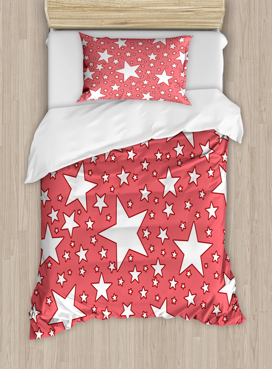 Ambesonne Coral Duvet Cover Set - Twin Size 2-Piece Set with Star Burst Design, Vibrant Coral Red & White Bedding for Youthful Decor | Perfect for Kids' Rooms, Dormitories & Modern Bedrooms