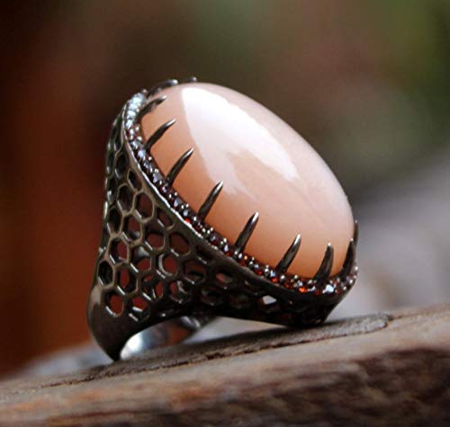 Natural Peach Moonstone & Garnet Ring - 925 Sterling Silver Black Rhodium Vintage Bohemian Gypsy Gemstone Jewelry for Women | Perfect for Boho Chic, Wedding, Party & Everyday Wear