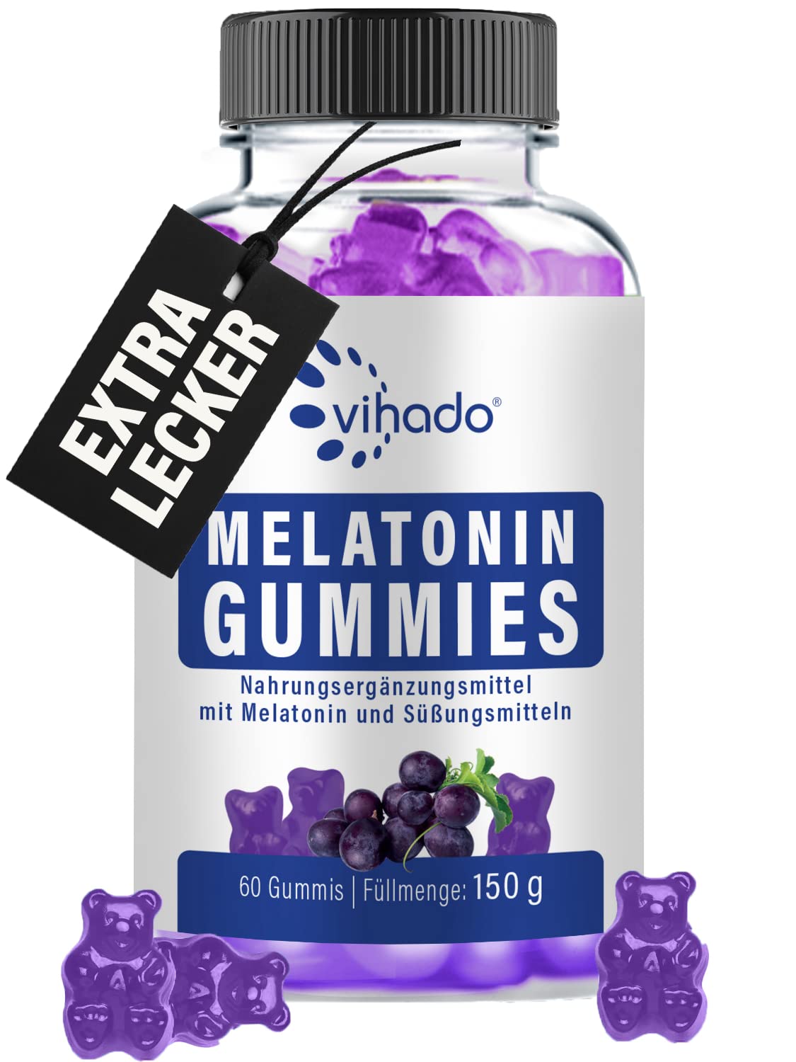 Vihado Melatonin Gummies for Sleep Support - High Potency, Sugar-Free, Vegan with Vitamin D3, K2, Passionflower & Chamomile - 60 Count for Better Sleep & Relaxation - Perfect for Nighttime Use, Travel & Stress Relief