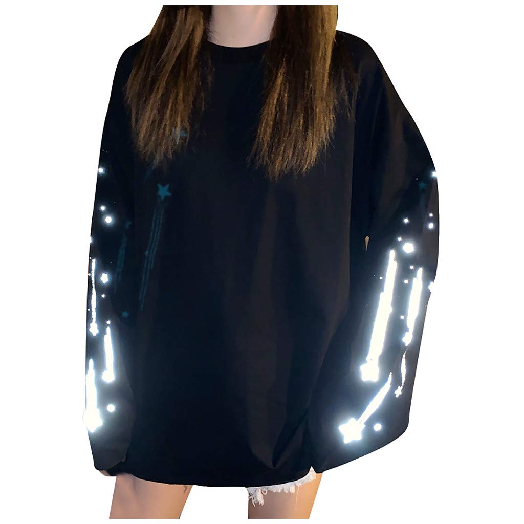 Reflective Streetwear Blouse for Women - Spring Korean Style Cotton Letter Print Top (Black, XXL) | Casual Wear, Night Running & Urban Fashion