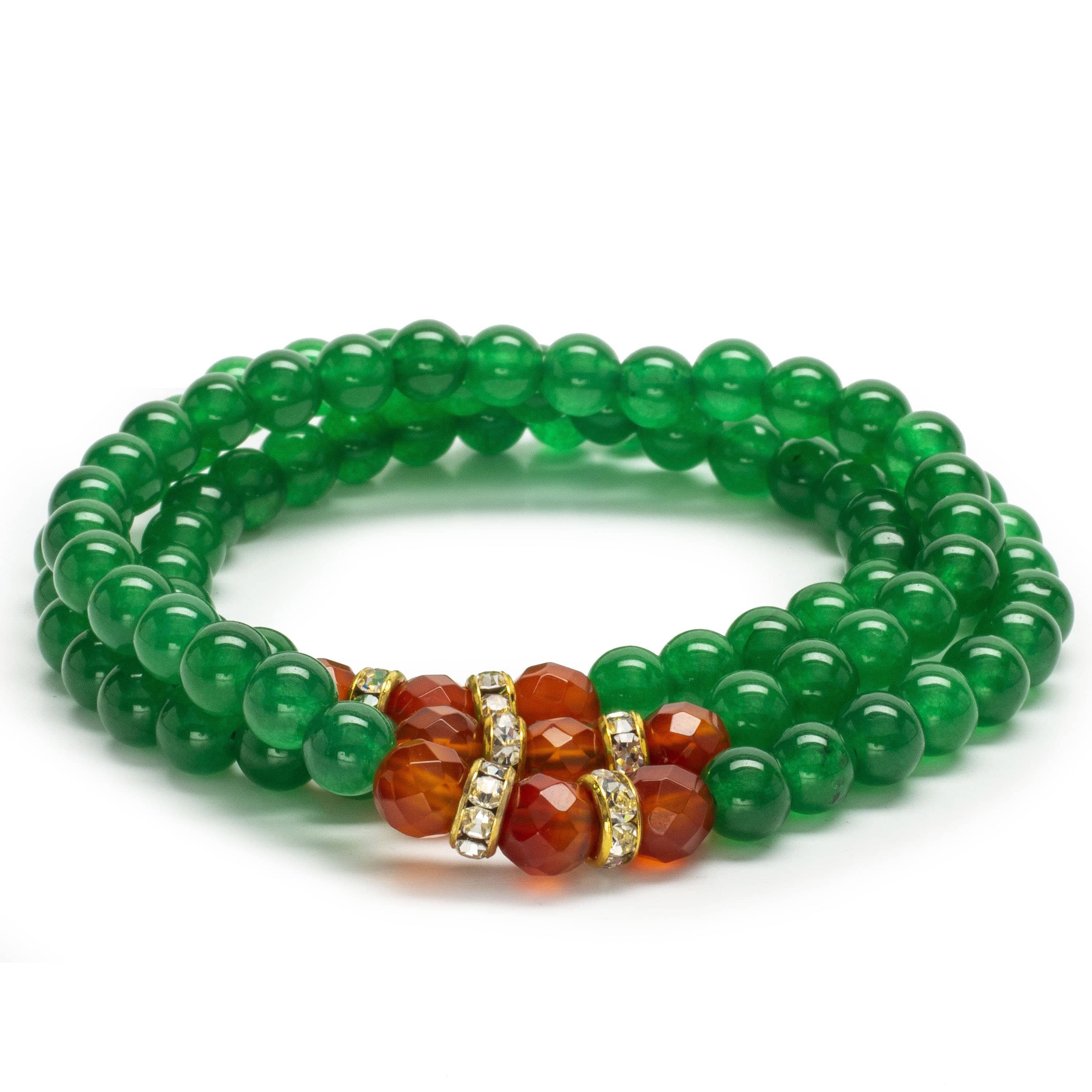 6mm Agate Beads with Carnelian & Gold Crystal Accent Beads - Triple Wrap Elastic Gemstone Bracelet for Women - Boho Chic Jewelry for Yoga, Meditation & Everyday Wear