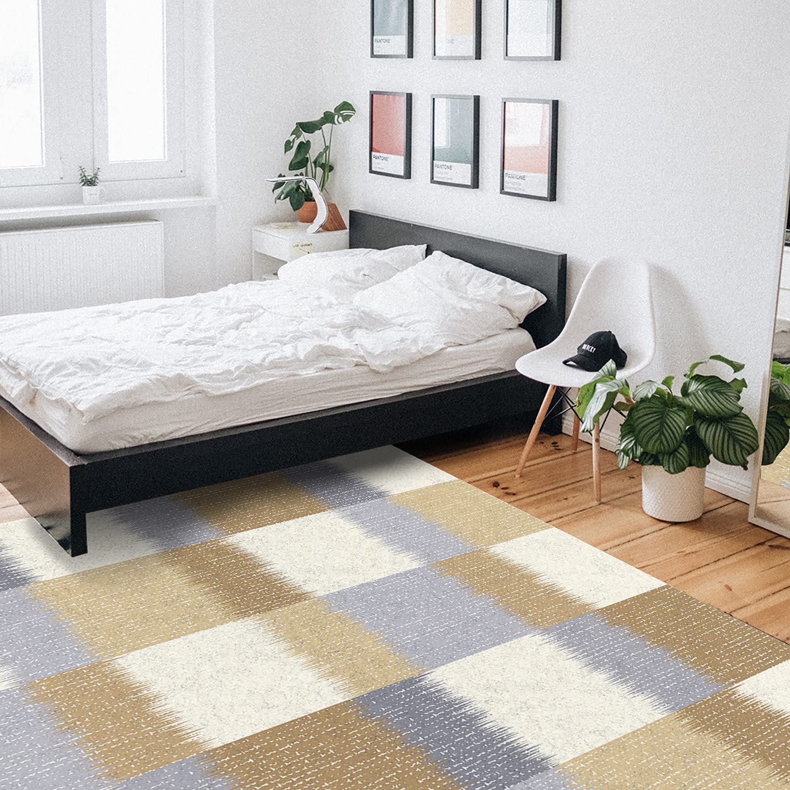 4'x7' Abstract Beige Plaid Area Runner Rug - Modern Washable Carpet for Indoor/Outdoor Use - Perfect for Kitchen, Living Room, Bathroom, Bedroom, Classroom & Laundry Room - Non-Slip Doormat & Welcome Mat with White Backing