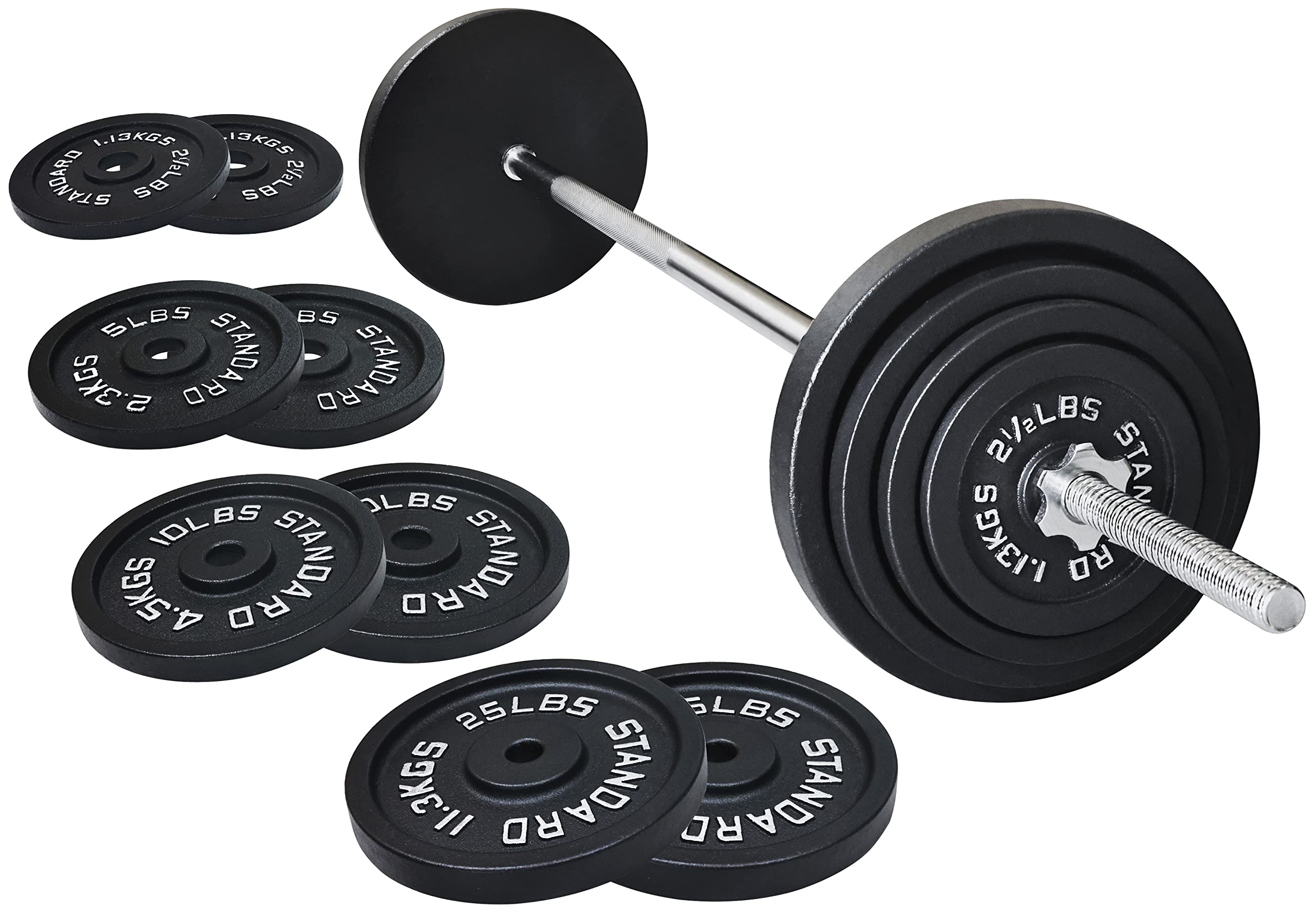 Cast Iron Standard Weight Plates Set with 5FT Barbell & Star Locks - 95LB Total (85LB Plates + 10LB Barbell) for Home Gym, Strength Training & Weightlifting - Multiple Styles Available