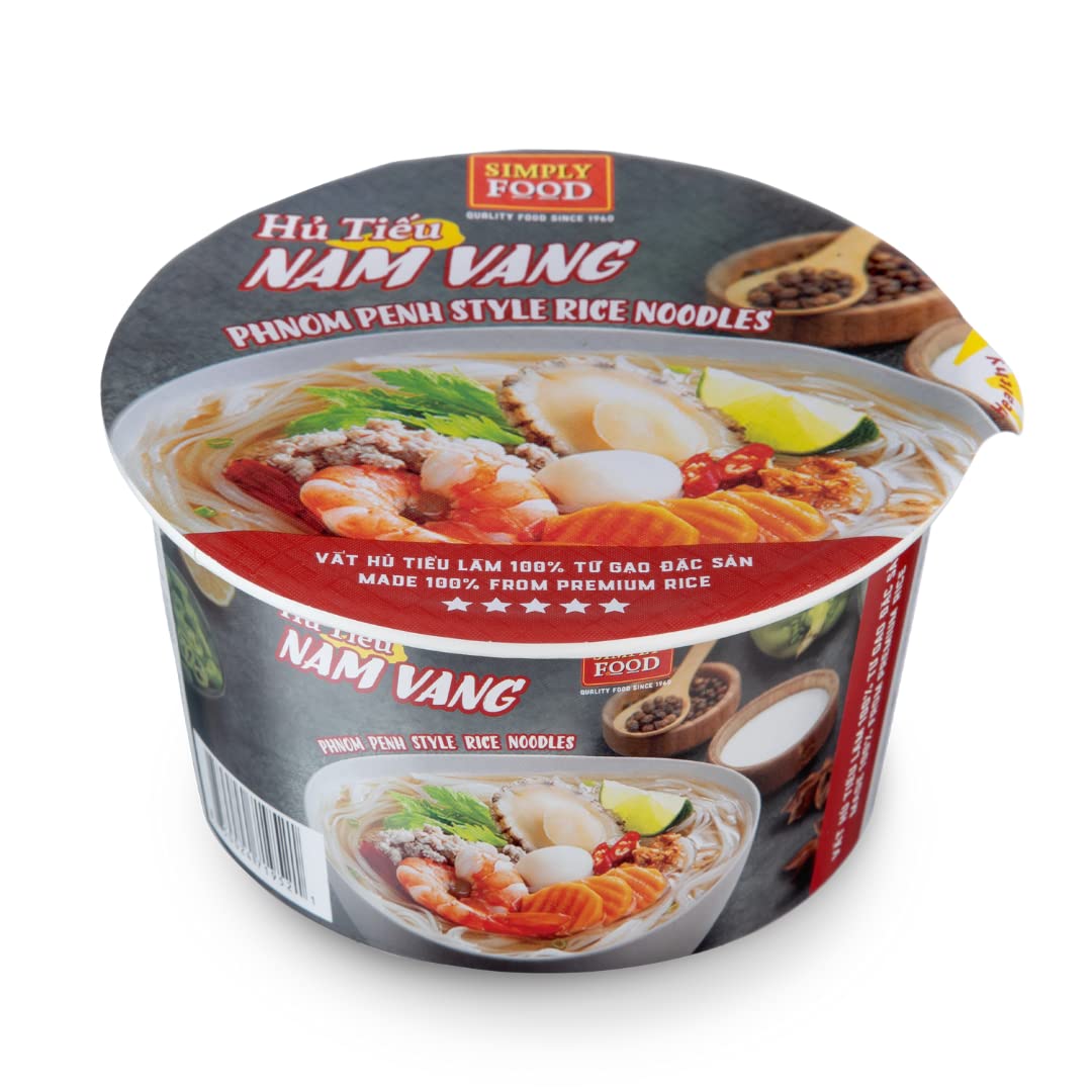 Instant Phnom Penh Rice Noodles (Hủ Tiếu Nam Vang) - 9 Pack of 75g Bowls - Thin Flat White Rice Noodles in Savory Pork Broth - Quick Asian Meal, Easy Lunch or Dinner Solution