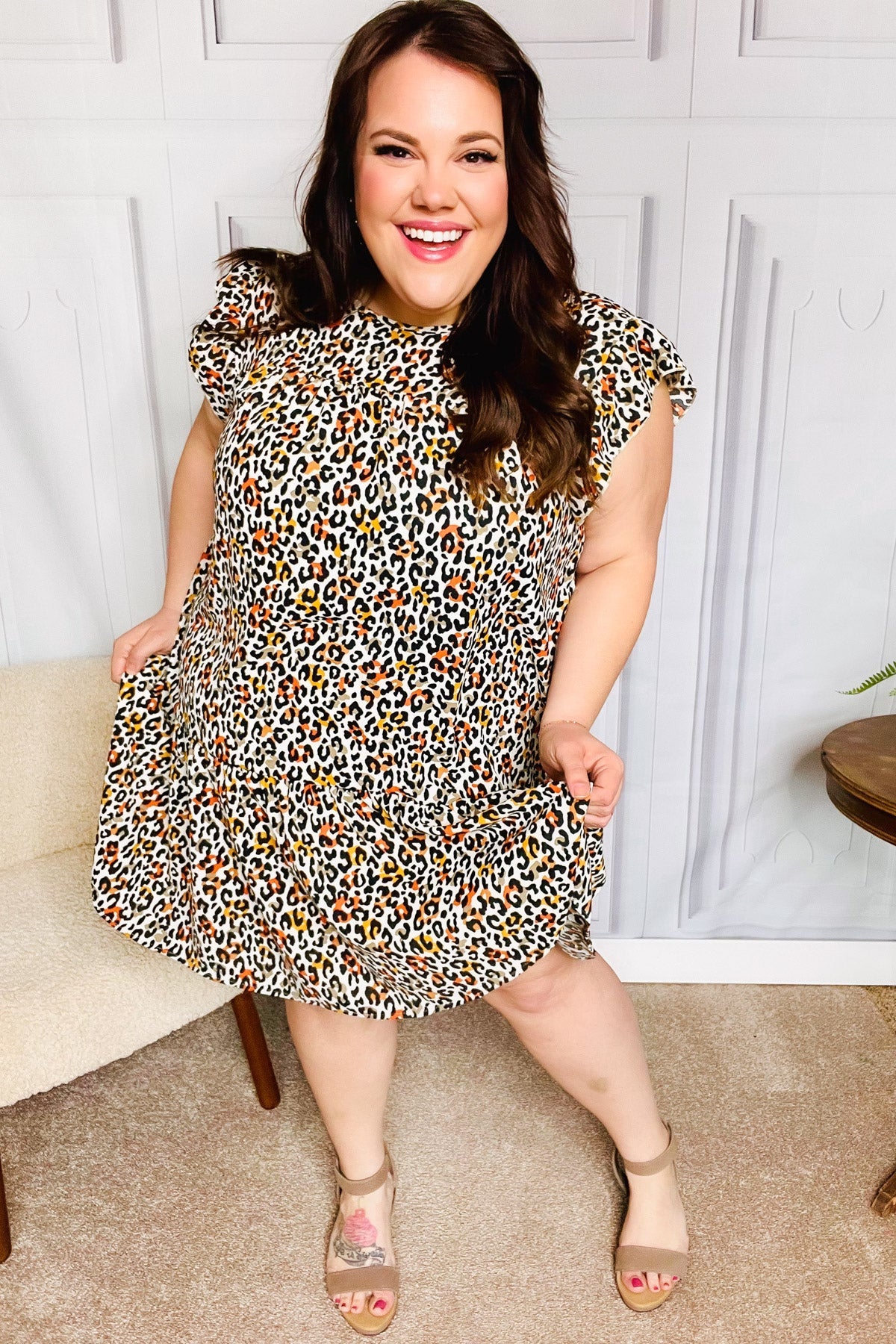 Stylish Taupe Leopard Print Tiered Ruffle Sleeve Woven Dress for Women | Elegant Party, Date Night & Special Occasion Outfit