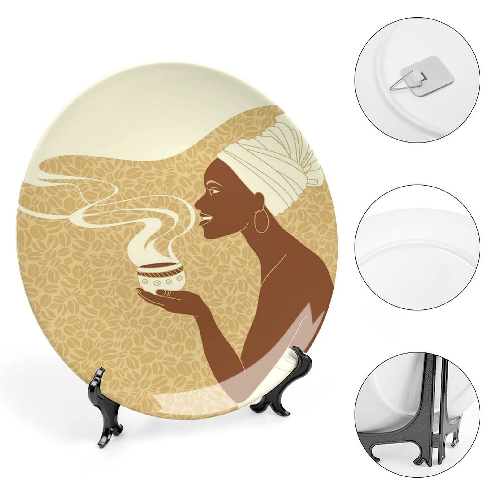 8 Inch African Woman Decorative Ceramic Plates - Happy Afro Lady with Coffee Cup, Brown/Light Brown/Cream - Perfect for Dining, Parties, Weddings & Home Decor