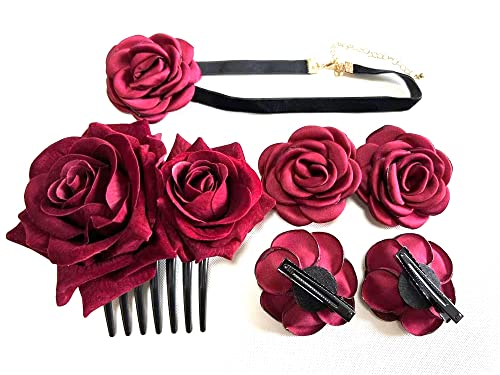 Elegant Bright Red Rose Velvet Hair Clip & Gothic Lolita Necklace Set - Women's Hair Accessories for Parties, Weddings & Cosplay (Dark Red)