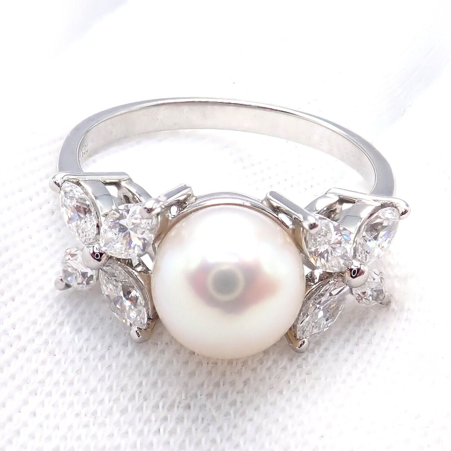 Authentic Tiffany & Co Victoria Platinum Diamond 7.5mm Pearl Band Ring for Women - Elegant Wedding, Engagement & Anniversary Jewelry Gift