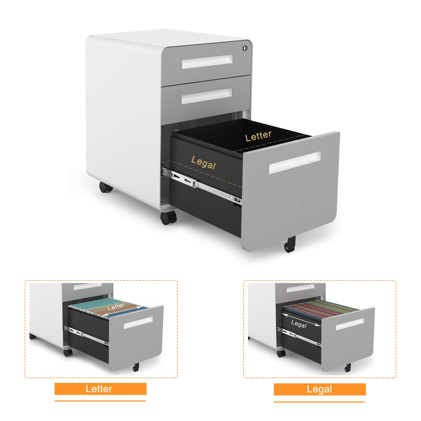 Bonnlo 3-Drawer Rolling File Cabinet with Lock - Gray & White Metal Mobile Under Desk Storage Organizer for Home Office, Fully Assembled Printer Stand with Pencil Tray (23.8