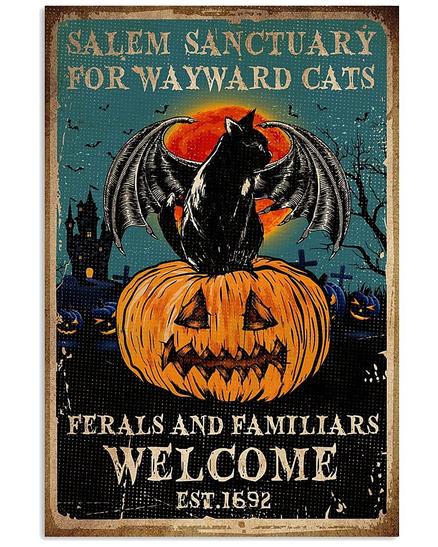 Funny Cat Halloween Tin Sign - Salem Sanctuary for Wayward Cats Retro Metal Wall Decor (12x16 Inch) - Perfect for Home, Bar, Pub, Cafe & Man Cave Decorations