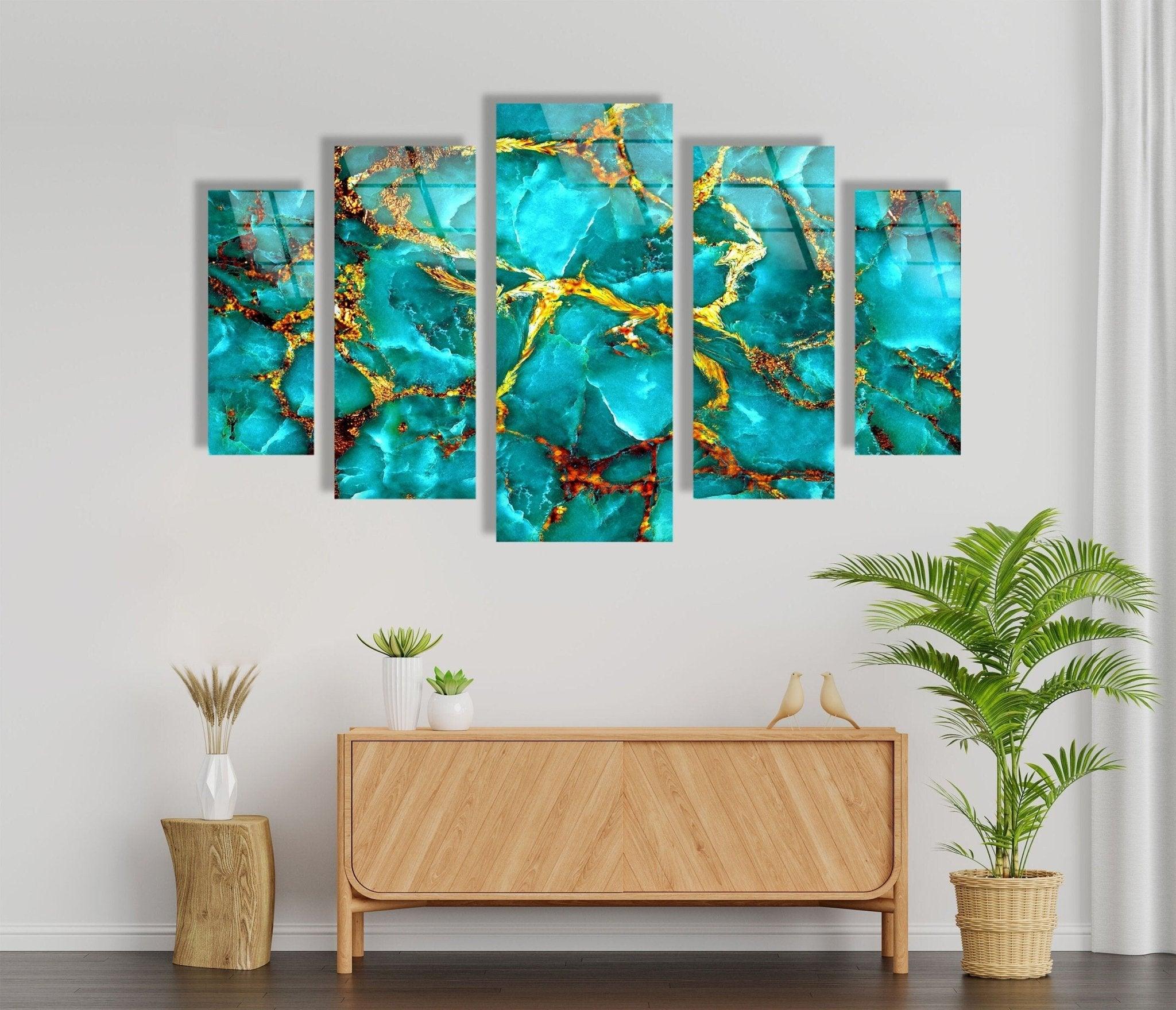 Abstract Glass Wall Art in Aqua Blue with Gold Veins - Modern Home Decor for Living Room, Bedroom & Office