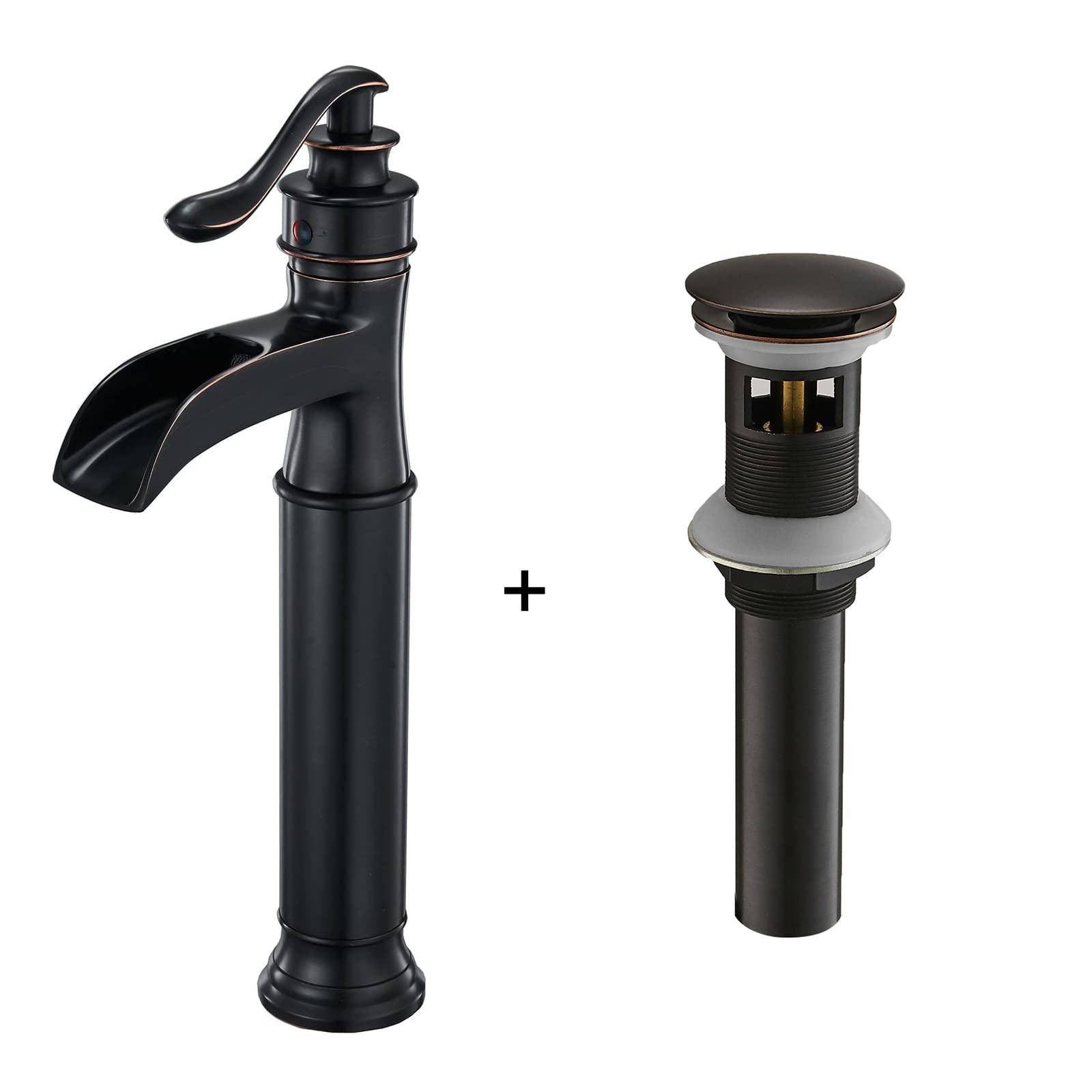 Oil Rubbed Bronze Vessel Sink Faucet with Waterfall Spout & Pop-Up Drain - Single Handle Bathroom Vanity Faucet Set with Overflow Drain Stopper - Perfect for Modern Farmhouse & Spa Bathroom Decor