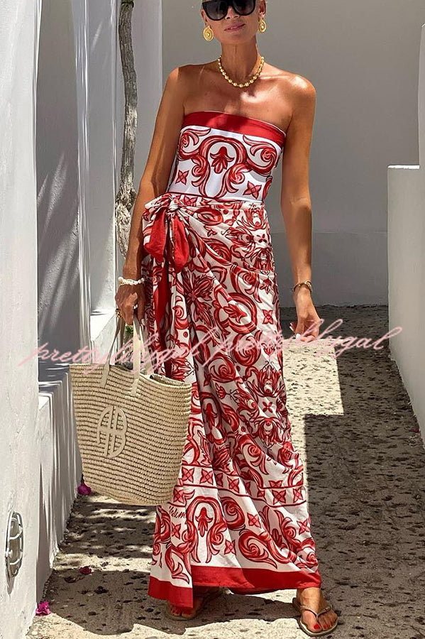 Summer Lovin Unique Royal Print Strapless One Piece Swimsuit with Pareo - Stretchy Bathing Suit for Women, Beach Vacation & Pool Party Outfit