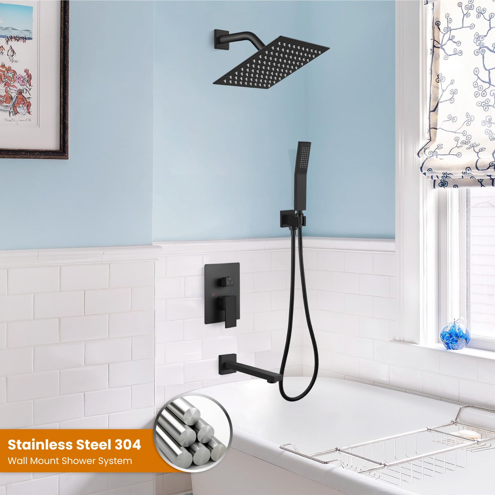 Gotonovo 3-Function Wall Mounted Shower Faucet Combo Set - 8 Inch Matte Black Rainfall Shower Head with Handheld Spray, Tub Spout & Rough-in Valve Trim Kit for Bathroom Renovation & Spa-Like Experience