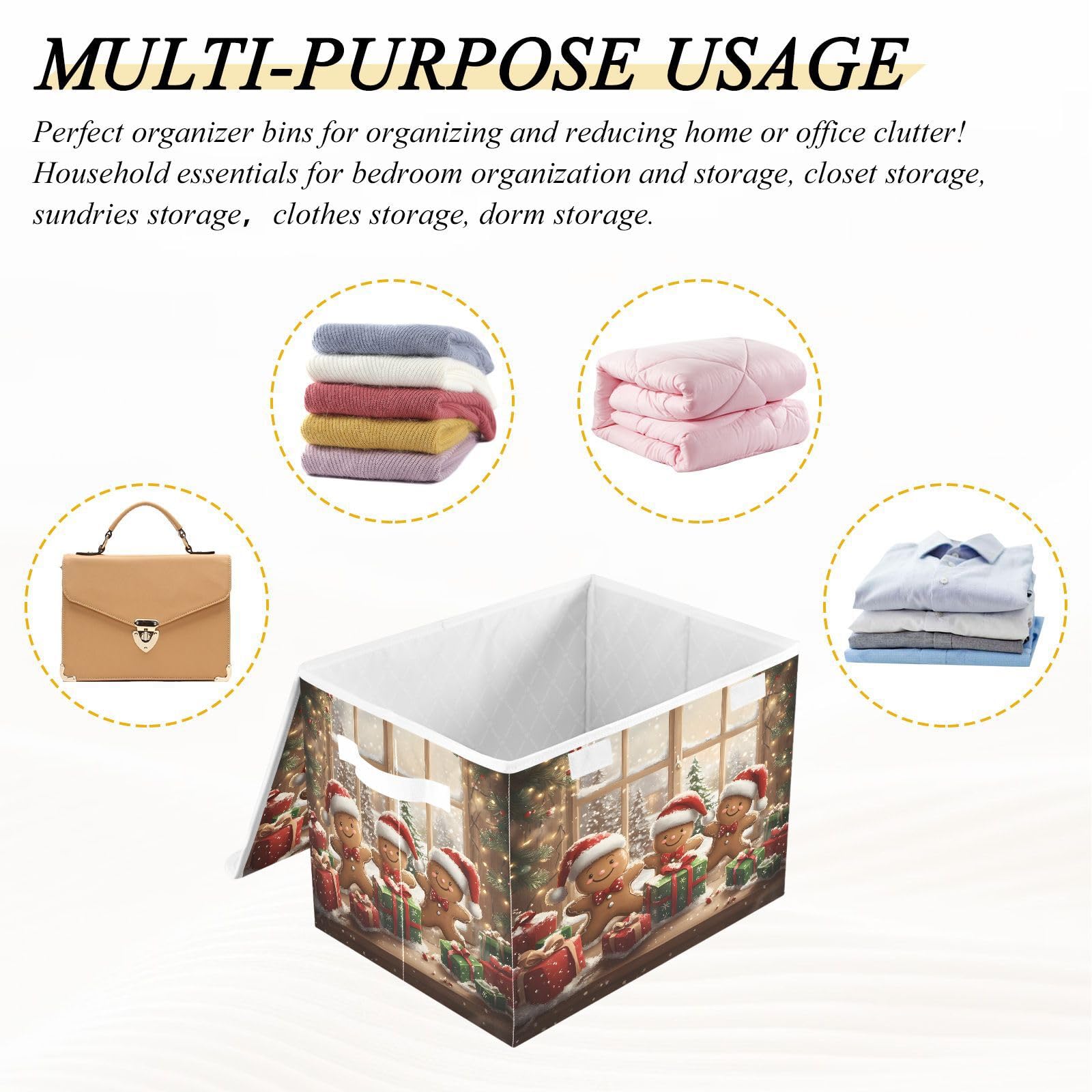 Christmas Gingerbread Man Fabric Storage Bins with Lids - Foldable Collapsible Organizer Baskets for Home, Bedroom, Closet & Office | Holiday Decor & Gift Wrapping Storage