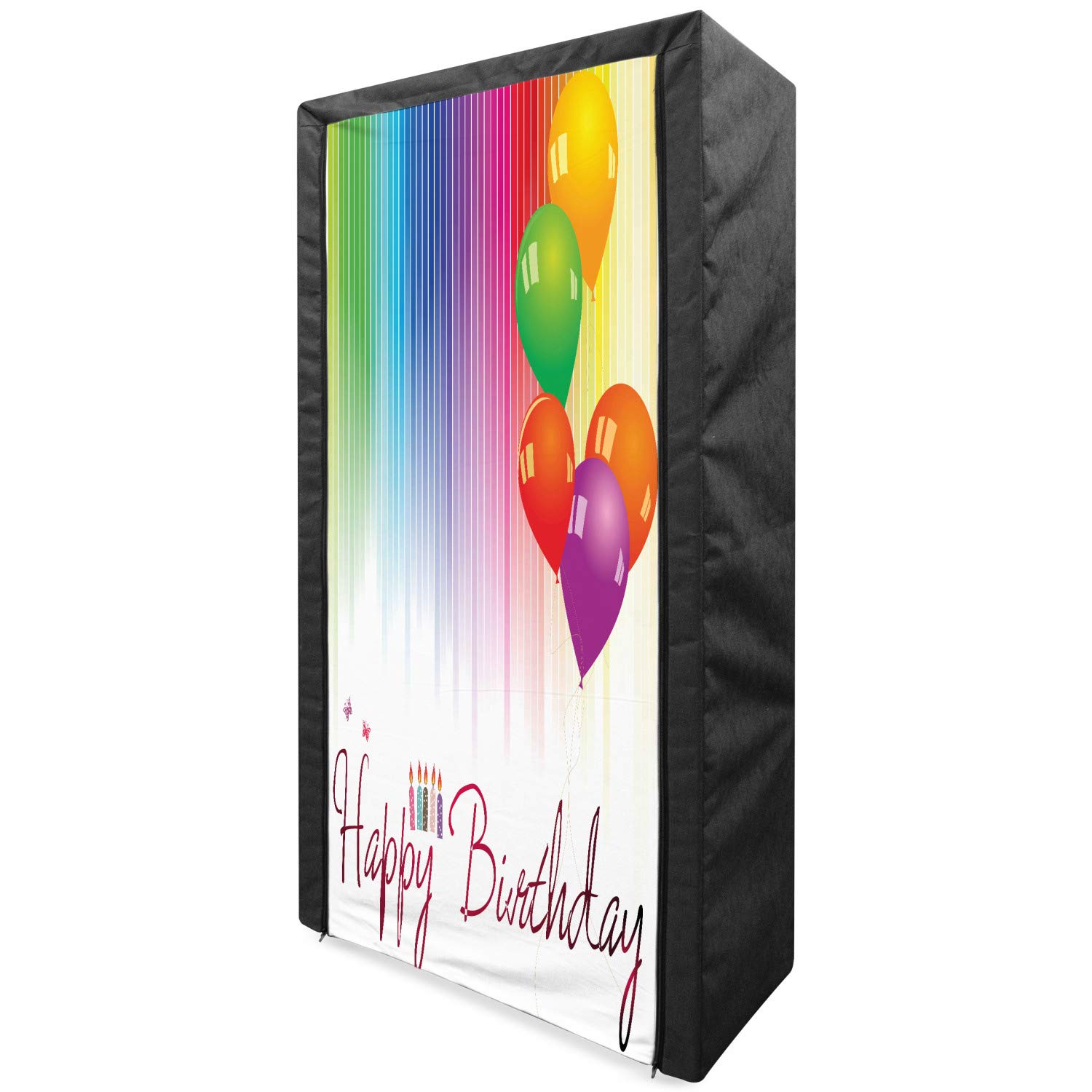 Ambesonne Birthday Portable Fabric Wardrobe - Rainbow Striped Backdrop with Balloons & Candles Design, 33.5 Inch Multicolor Clothing Organizer with Shelves | Perfect for Party Decor, Gift Storage & Bedroom Closet Organization