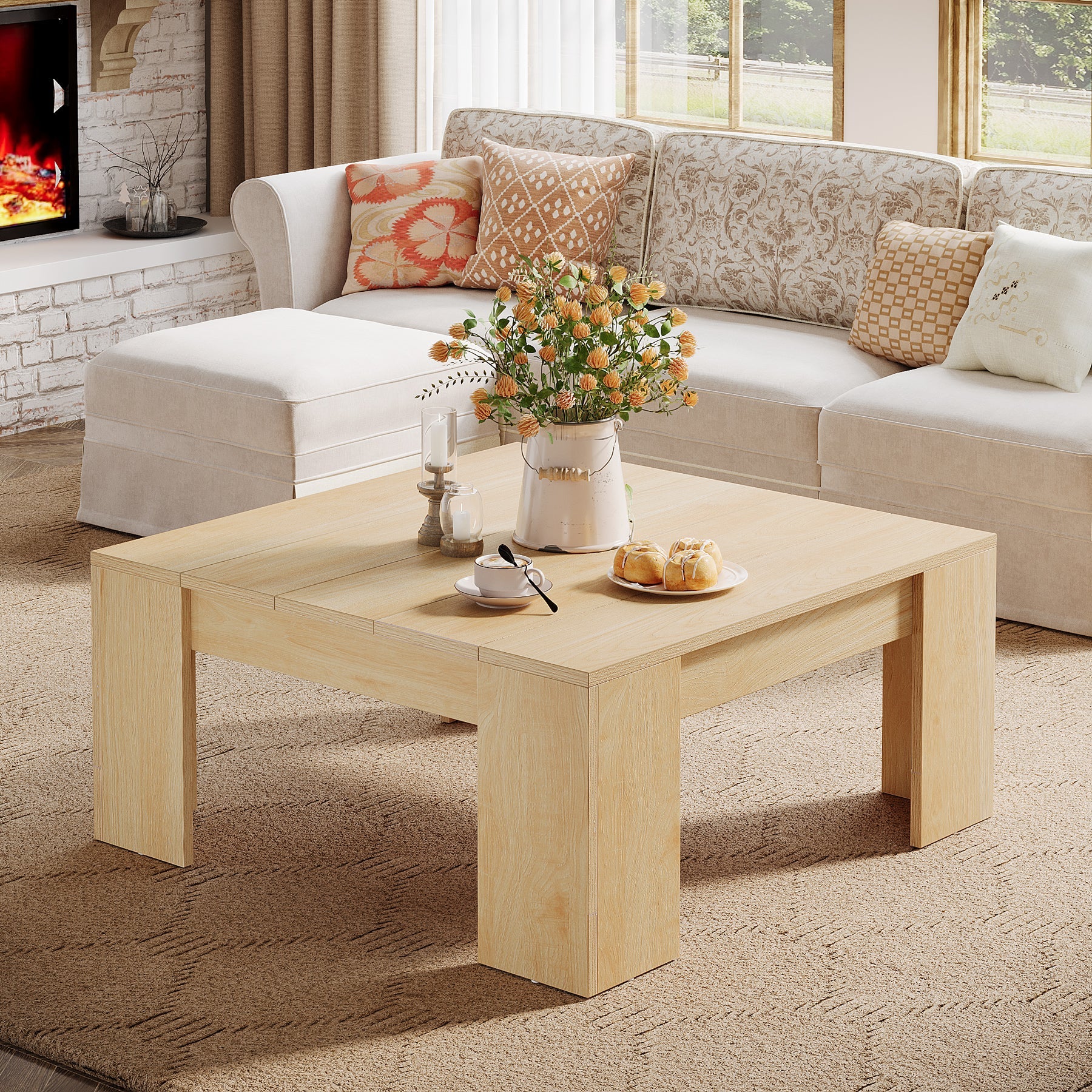 38.8 Inch Square Coffee Table - Solid Wood Living Room Center Table with Storage Shelf | Perfect for Small Spaces, Snack Table for Sofa Lounge, TV Room & Apartment Decor