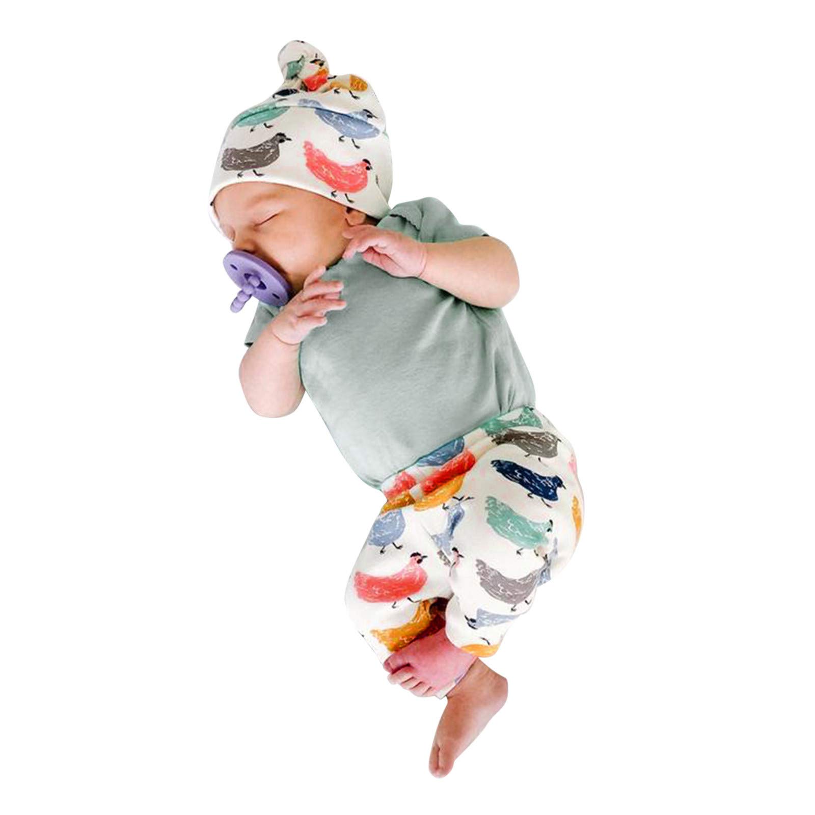 Jinjin Newborn Baby Girl Outfits - Size 7 Chicken Print Romper & Cartoon Pants Set with Hat for 0-6 Months | Cute Infant Bodysuit & Burp Clothes for Boys & Girls | Perfect for Photoshoots, Playdates & Everyday Wear
