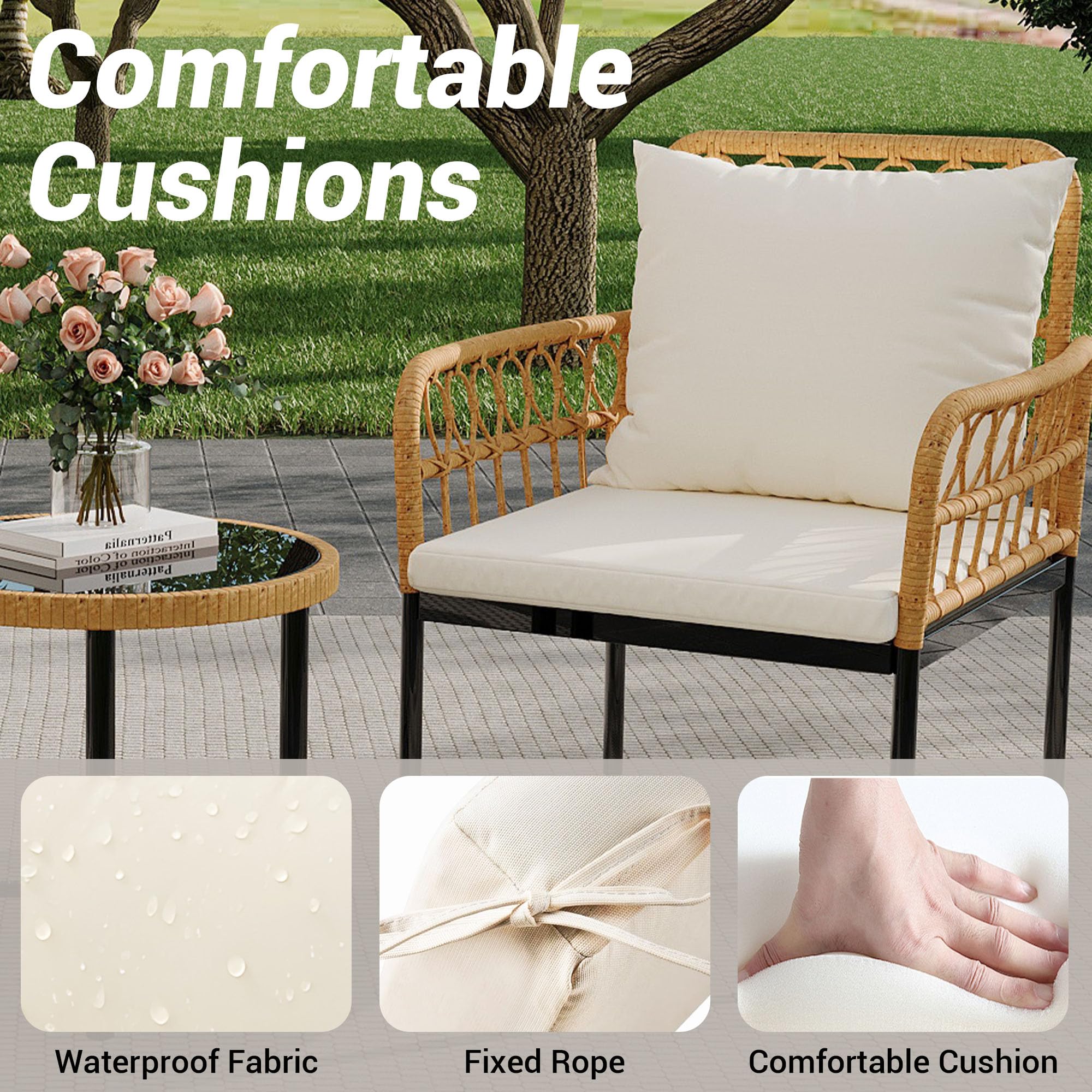 GARVEE 3-Piece All-Weather Wicker Patio Bistro Set with Glass Top Coffee Table & Cushioned Chairs - Boho Outdoor Furniture for Backyard, Garden, Balcony, Poolside - Perfect for Relaxing, Entertaining & Outdoor Dining (Beige)