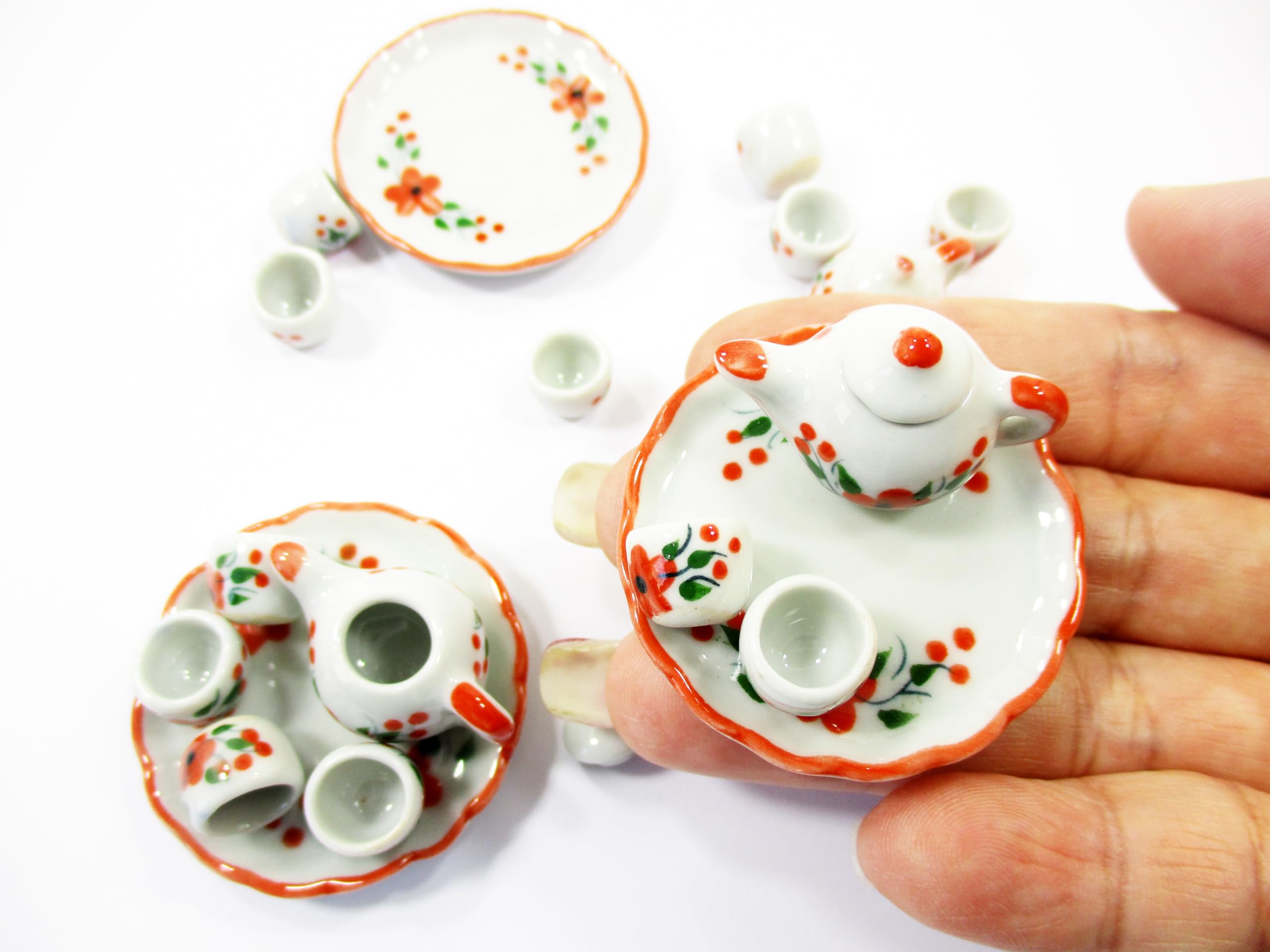 Miniature Ceramic Orange Flower Orchid Tea Cup & Tea Pot Set - Perfect for Dollhouse Decor, DIY Crafts, and Collectible Displays