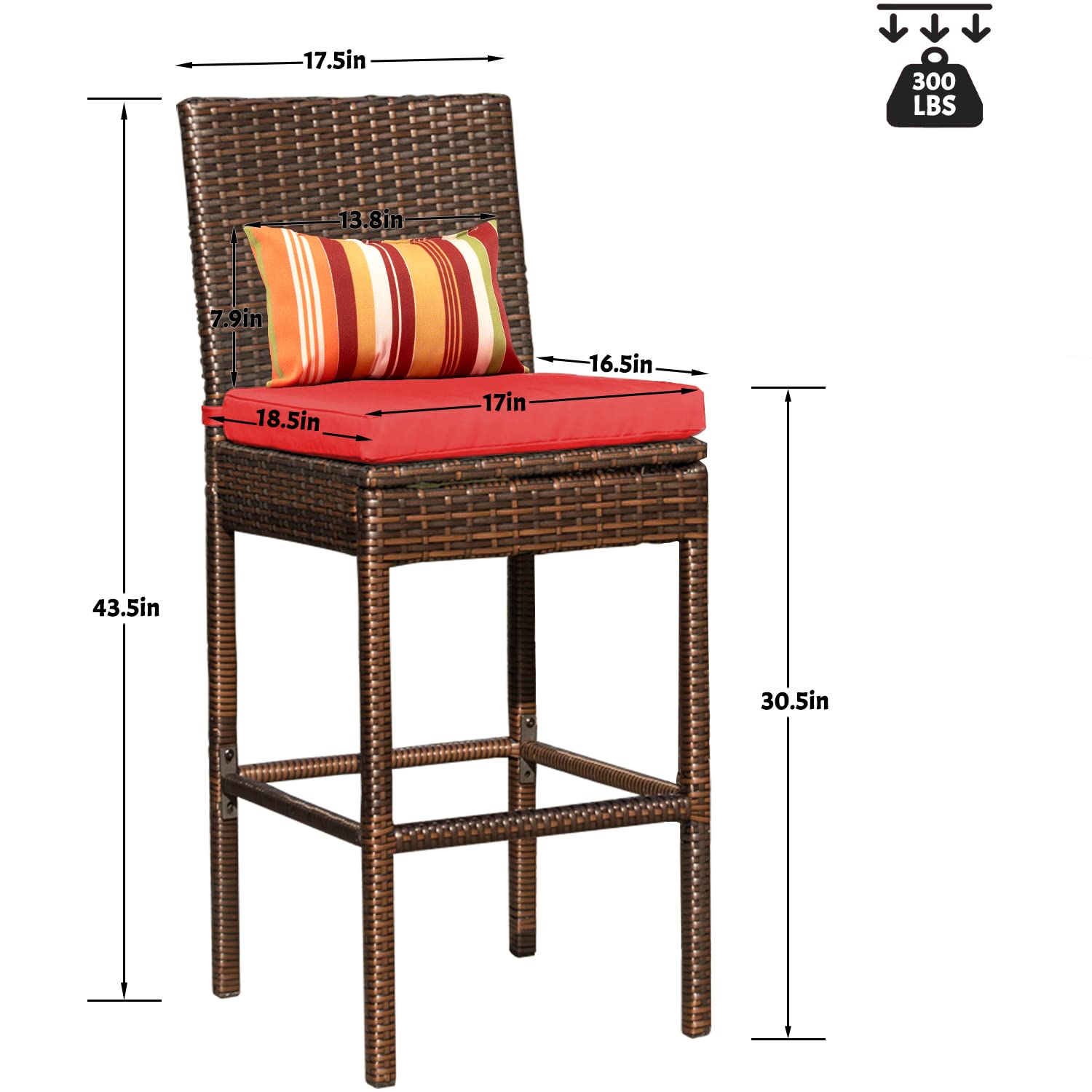 Sundale Outdoor Patio Bar Stools Set of 4 - All-Weather Wicker Chairs with Cushions & Pillows, Steel Frame, Brown - Perfect for Backyard, Poolside, and Patio Dining