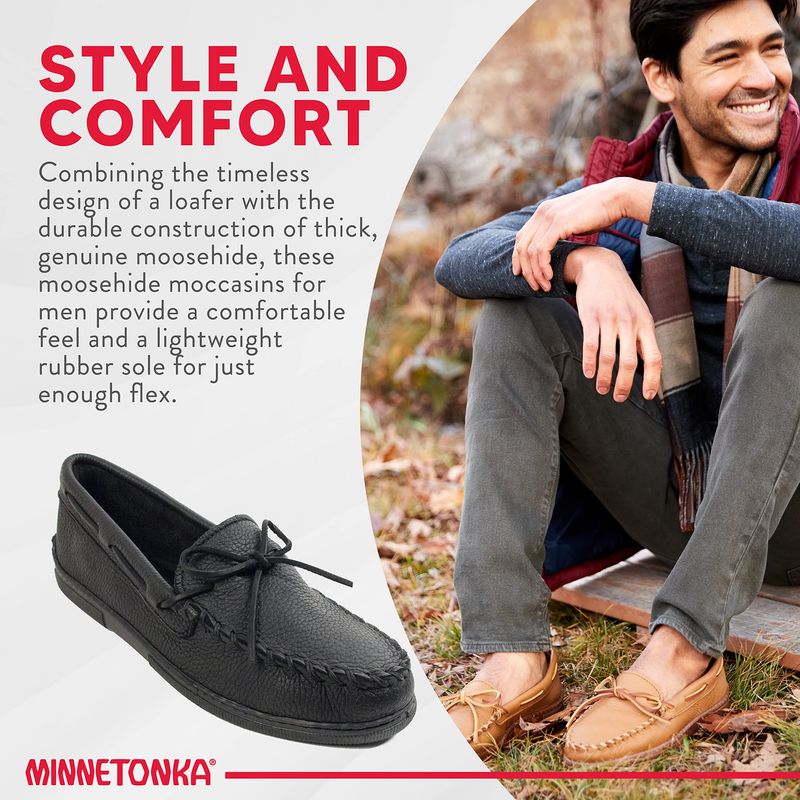Minnetonka Men's Moosehide Classic Moccasin - Genuine Leather Slip-On Shoes for Men | Comfortable & Durable Casual Loafers | Perfect for Indoor, Outdoor & Driving