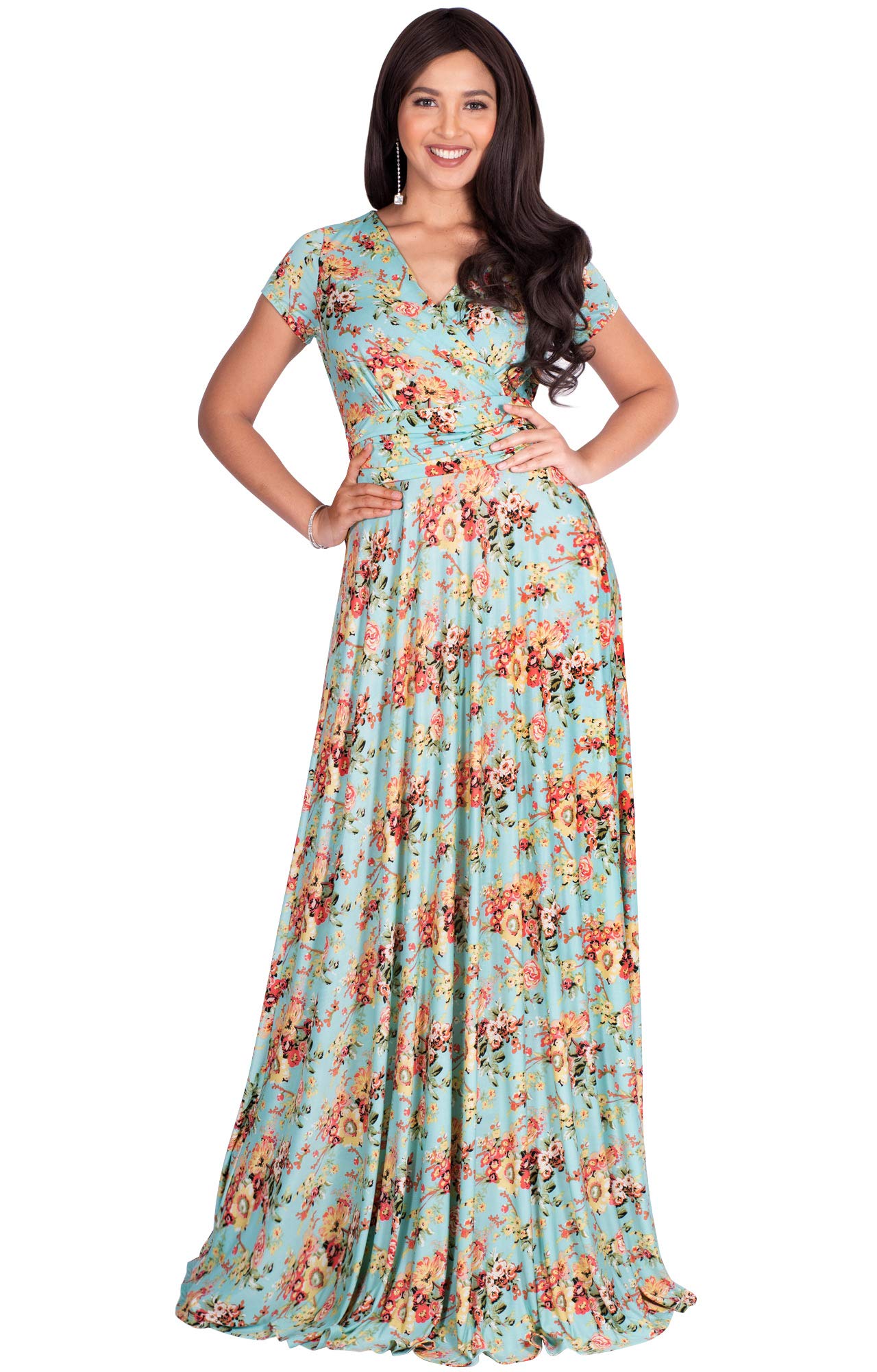 KOH KOH Women's Long Maxi Summer Dress - Floral Print Short Sleeve Flowy Modest Gown for Beach, Vacation & Casual Wear